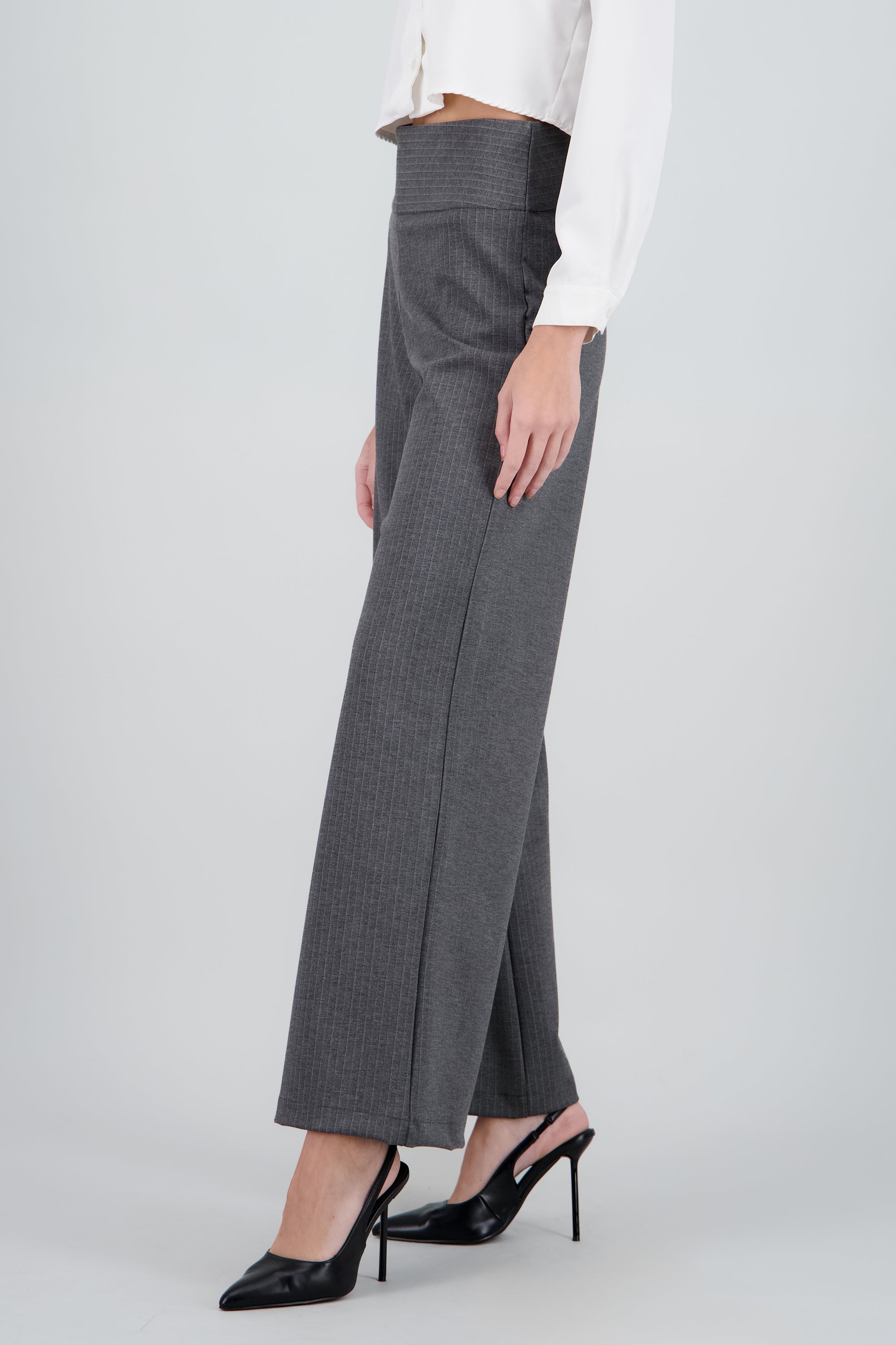 Pantalon wide leg con pretina ancha rayas GRIS COMBO