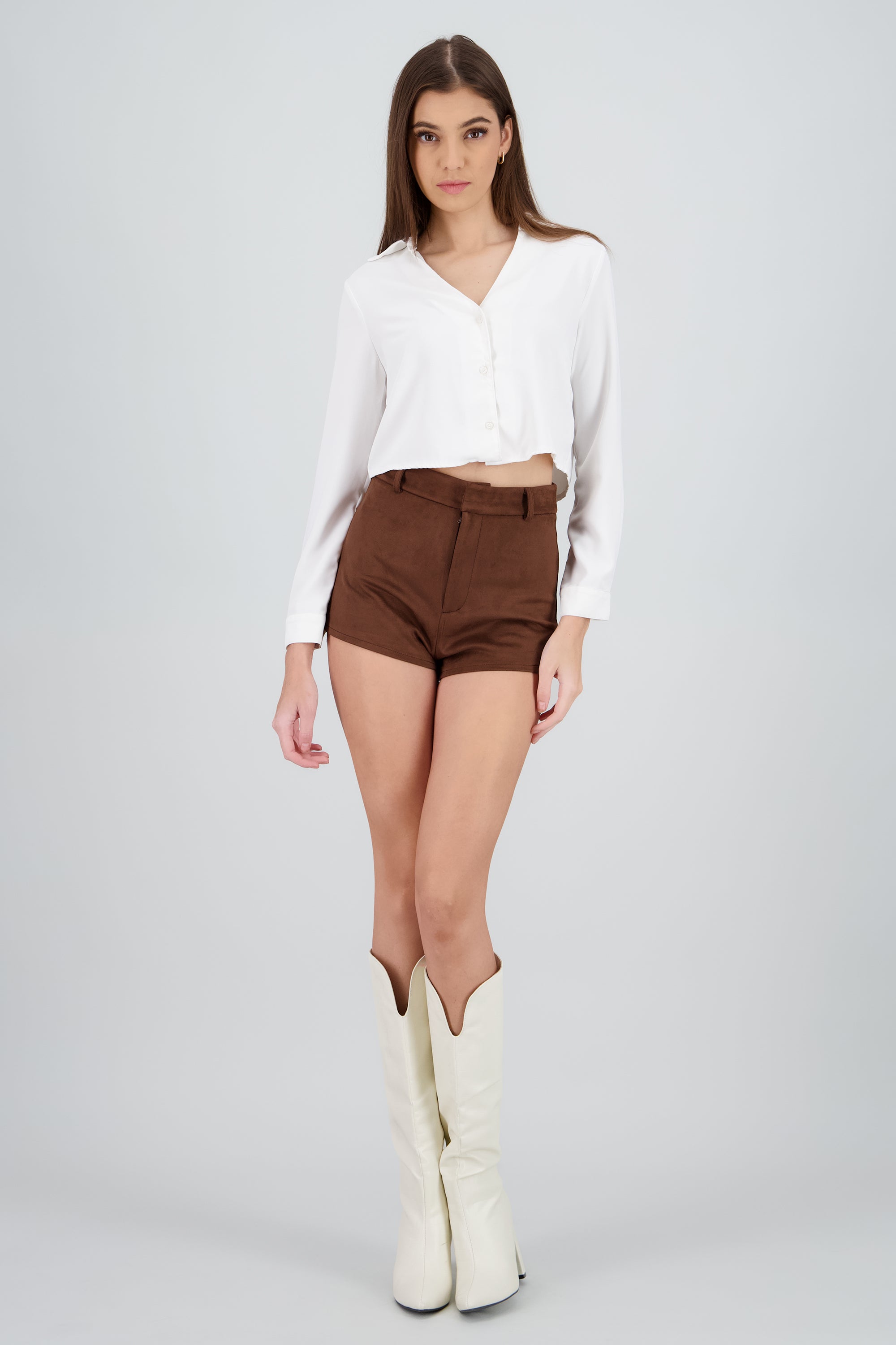 Short mini de suede con pretina lisa CHOCOLATE