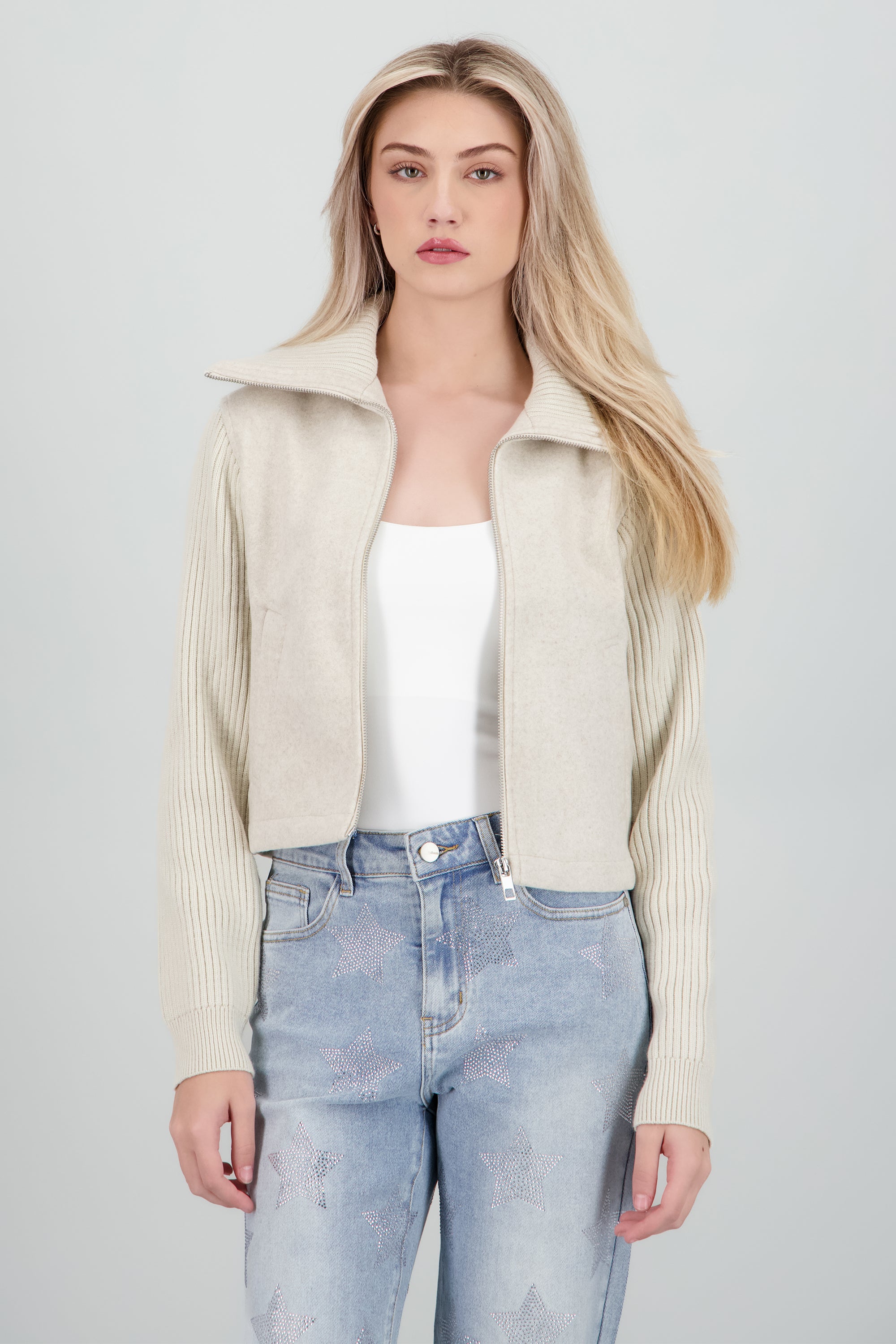 Light jacket contraste tejido de punto CREMA