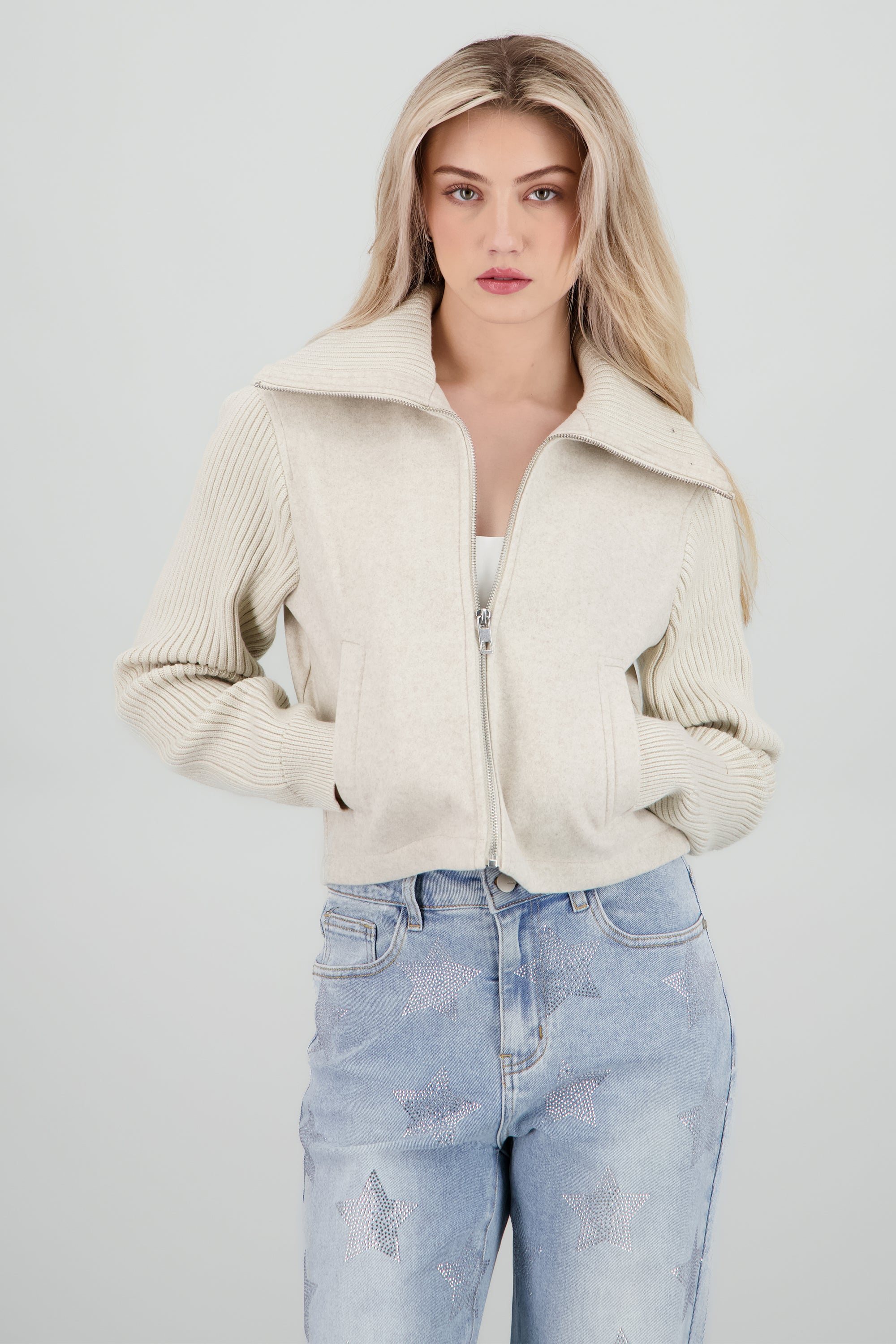 Light jacket contraste tejido de punto CREMA