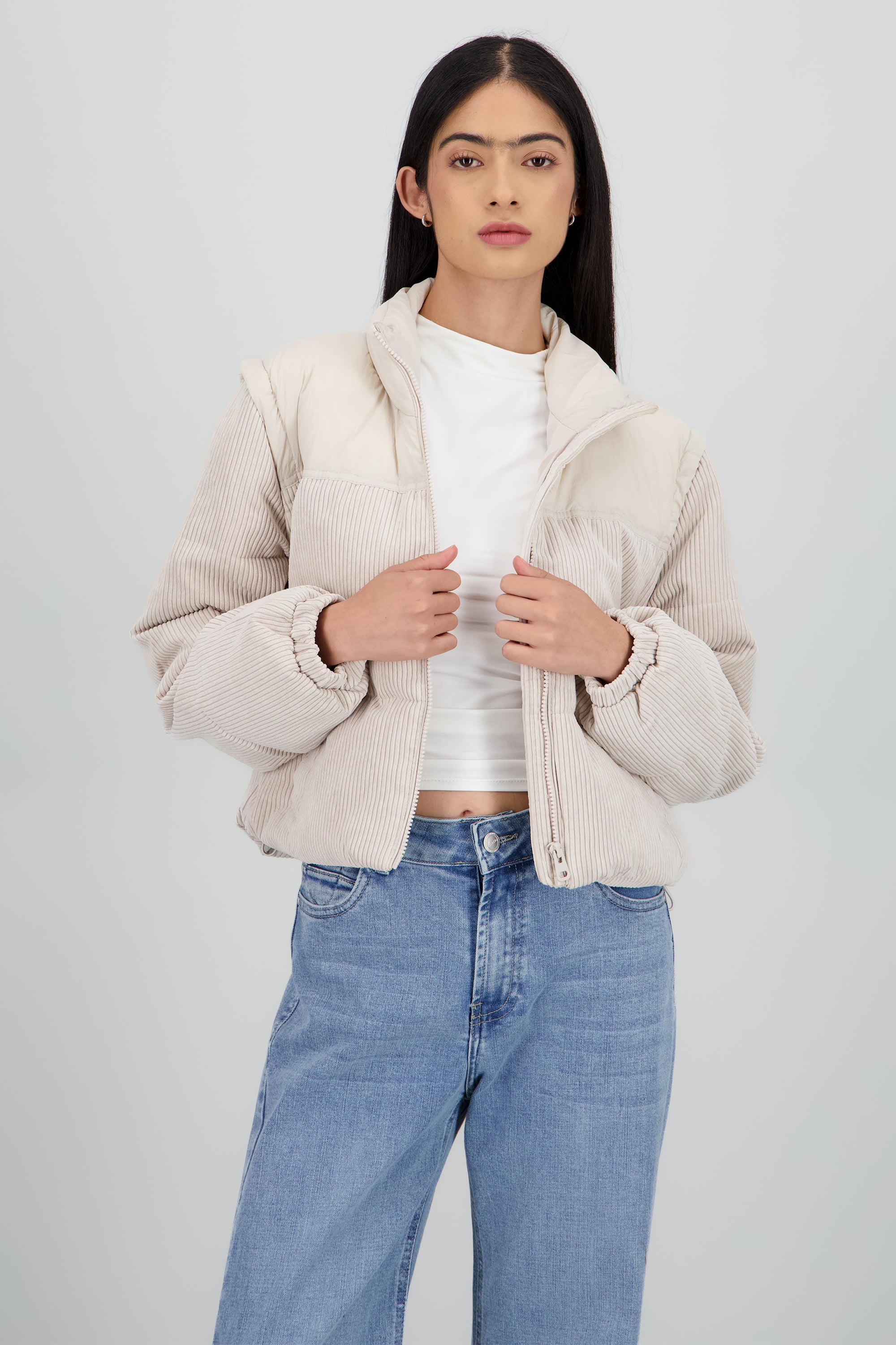 Puffer jacket pana contraste CREMA