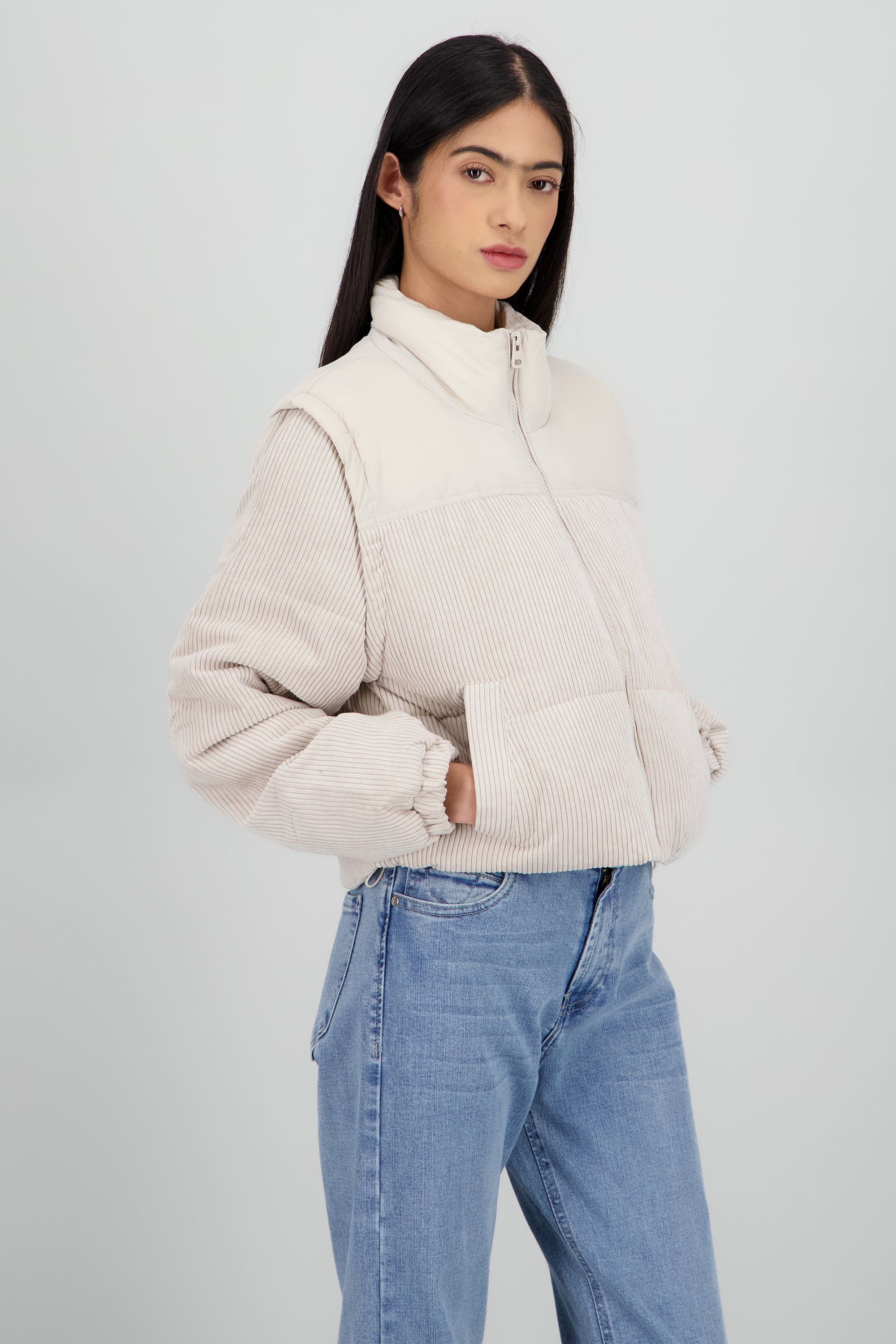 Puffer jacket pana contraste CREMA