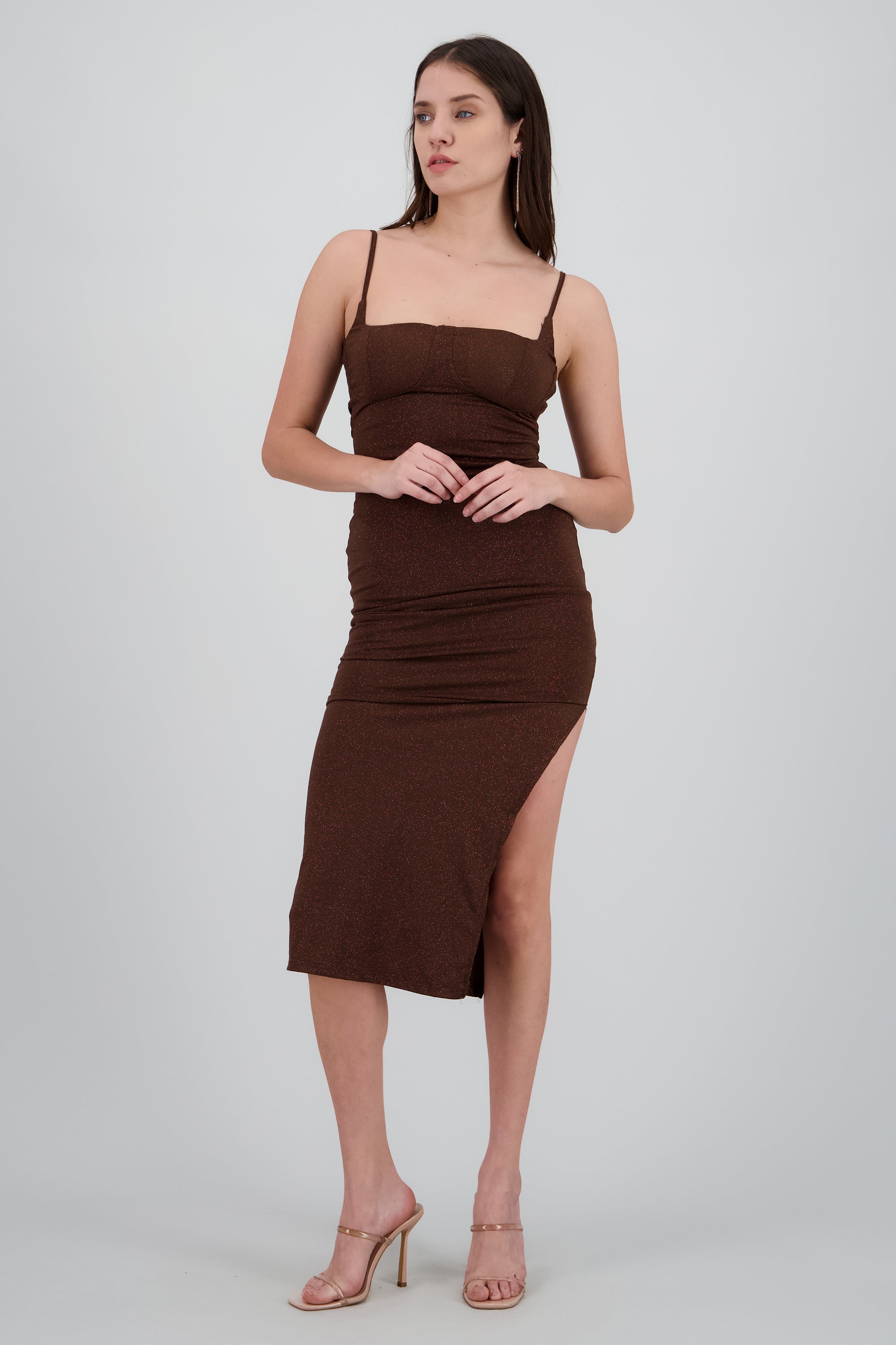 Vestido brillos midi CHOCOLATE