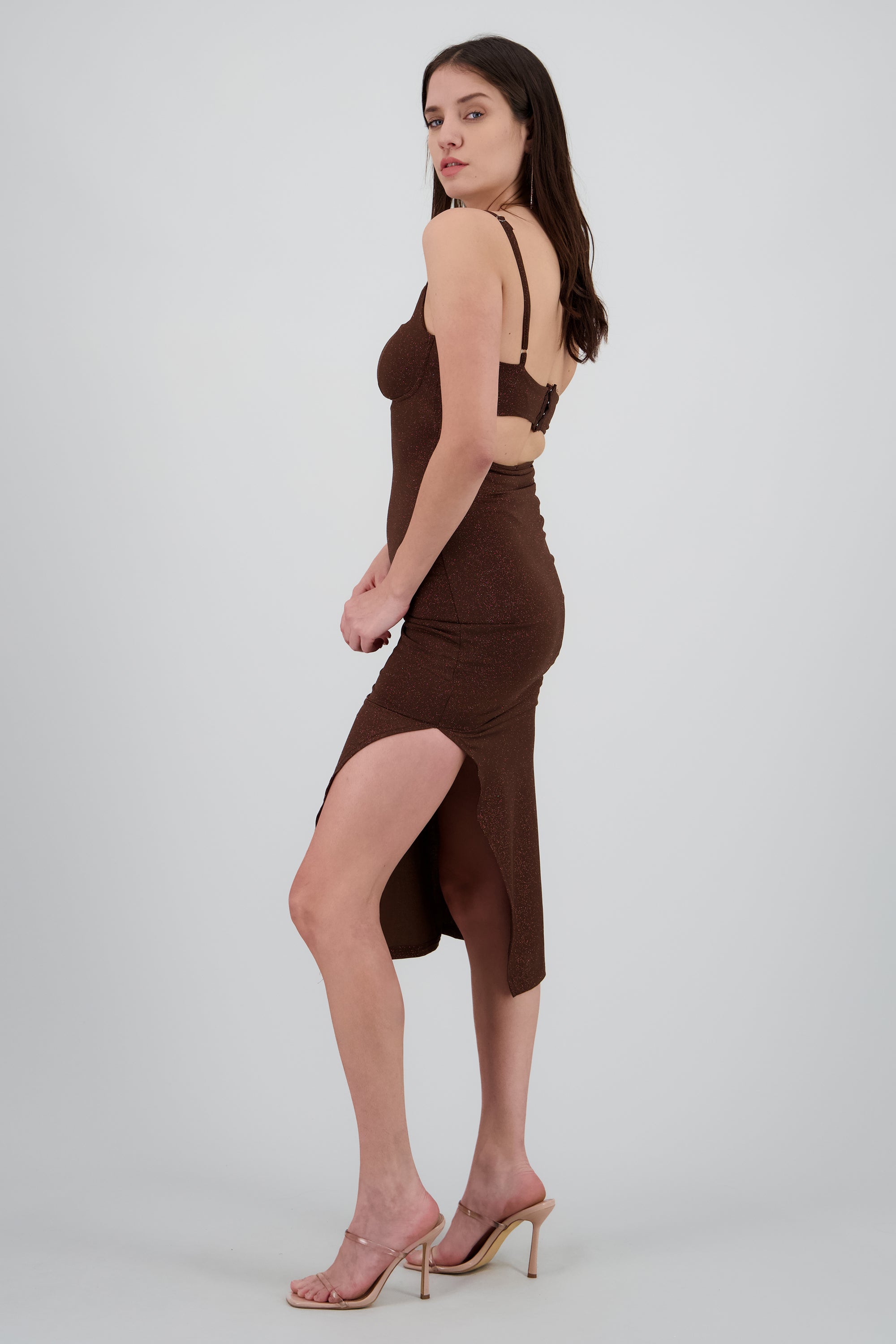 Vestido brillos midi CHOCOLATE