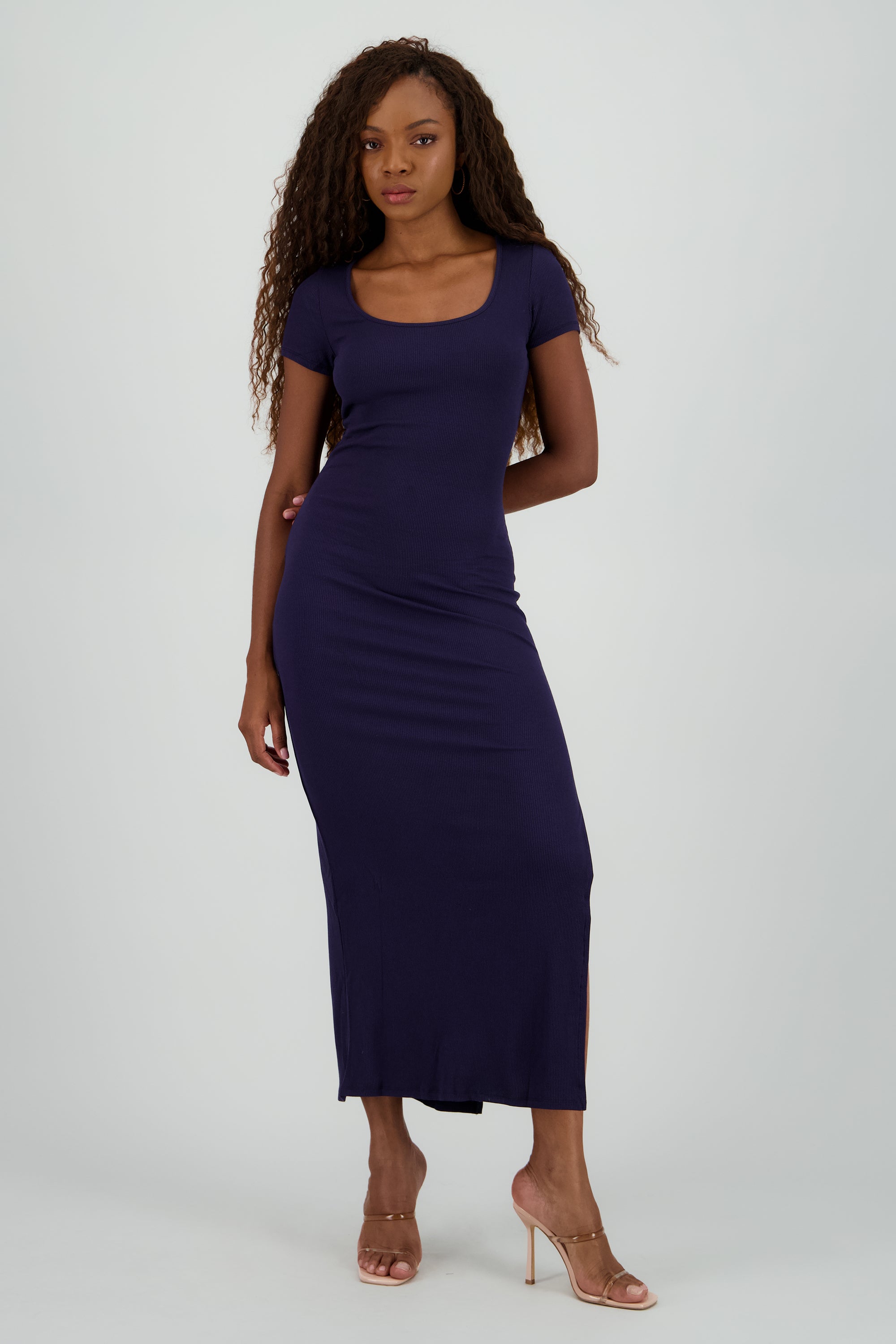 Vestido maxi rib cuello redondo AZUL