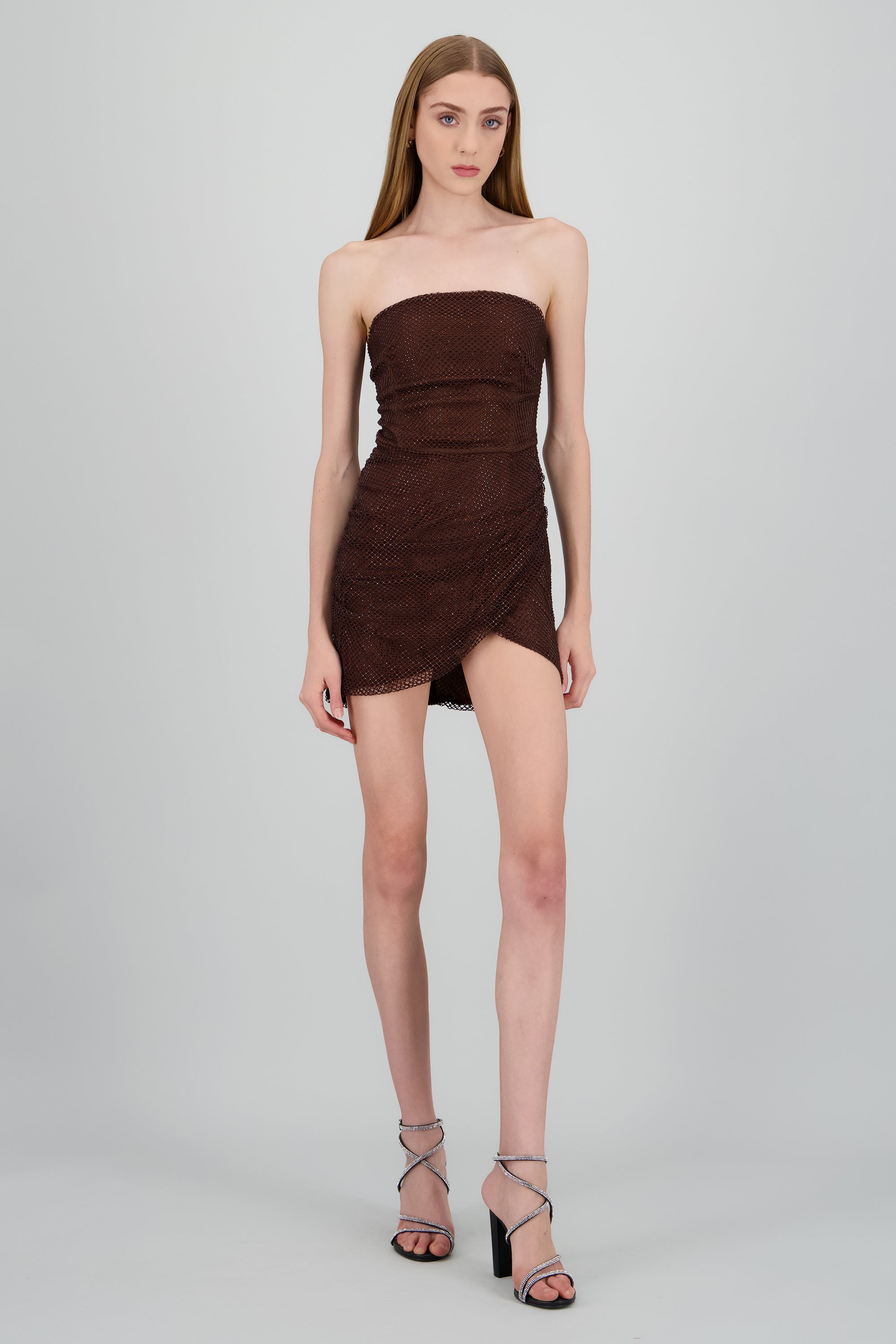 Vestido mini strapless brillos CHOCOLATE