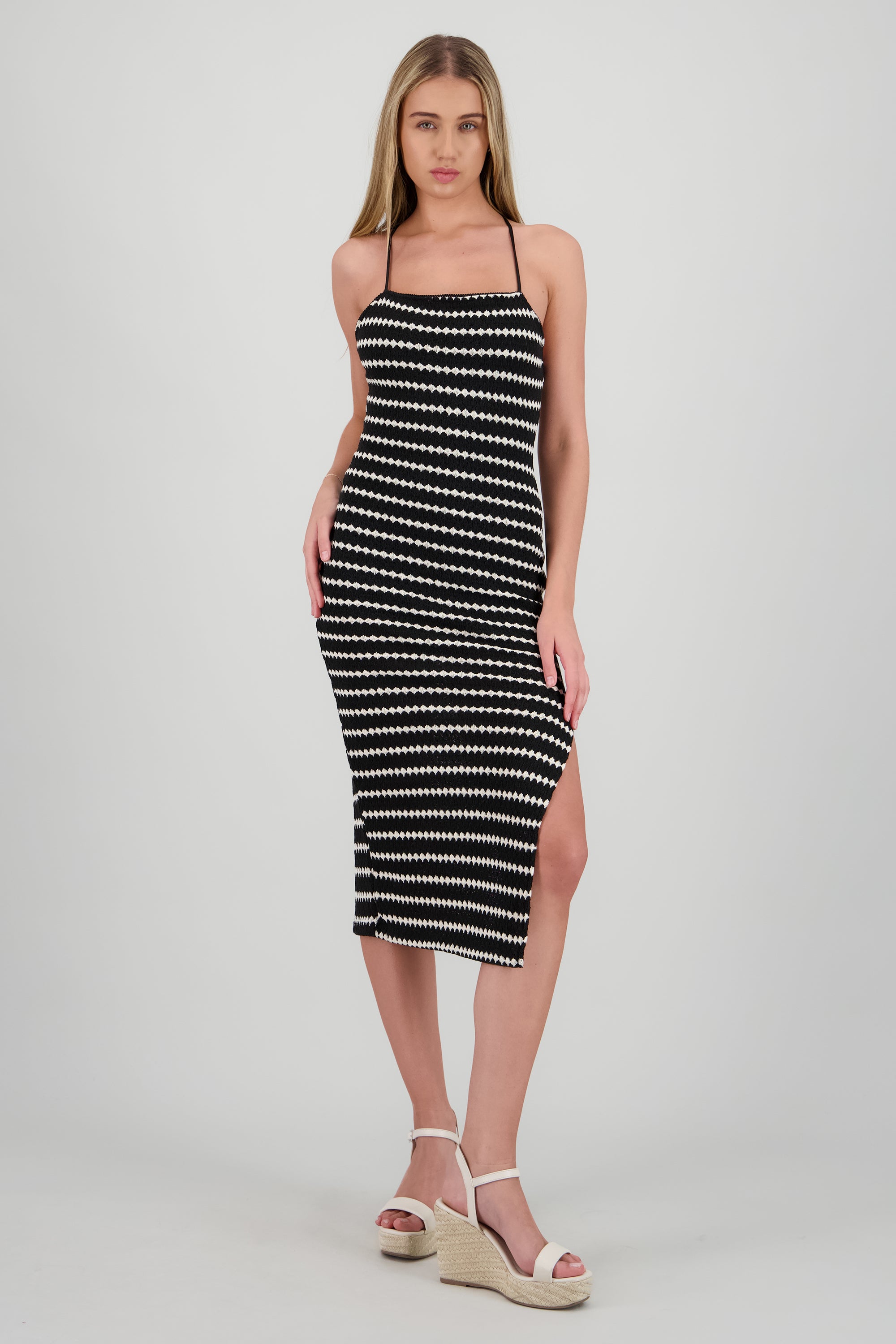 Vestido midi lineas textura NEGRO COMBO