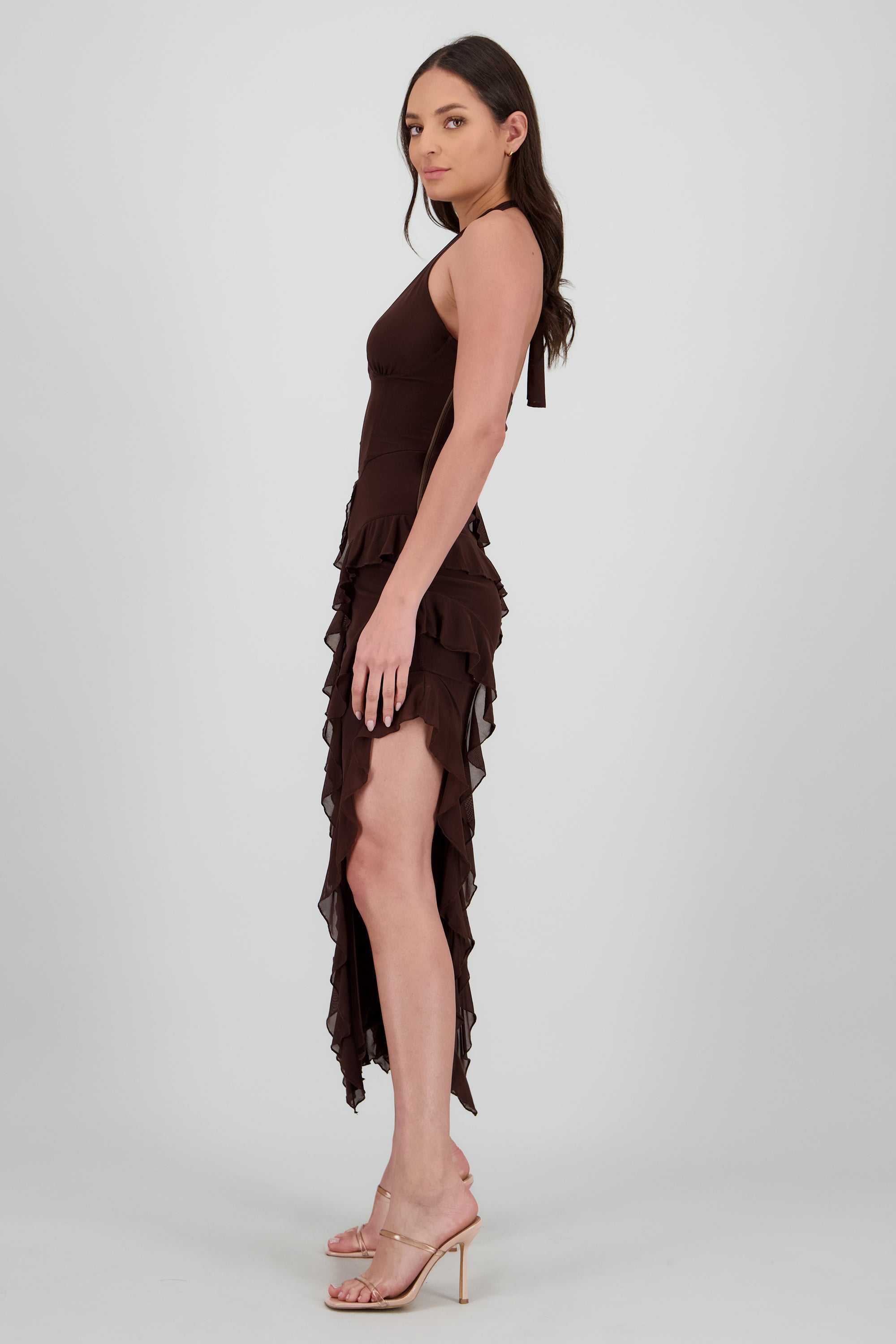 Vestido maxi halter olanes con varilla CHOCOLATE