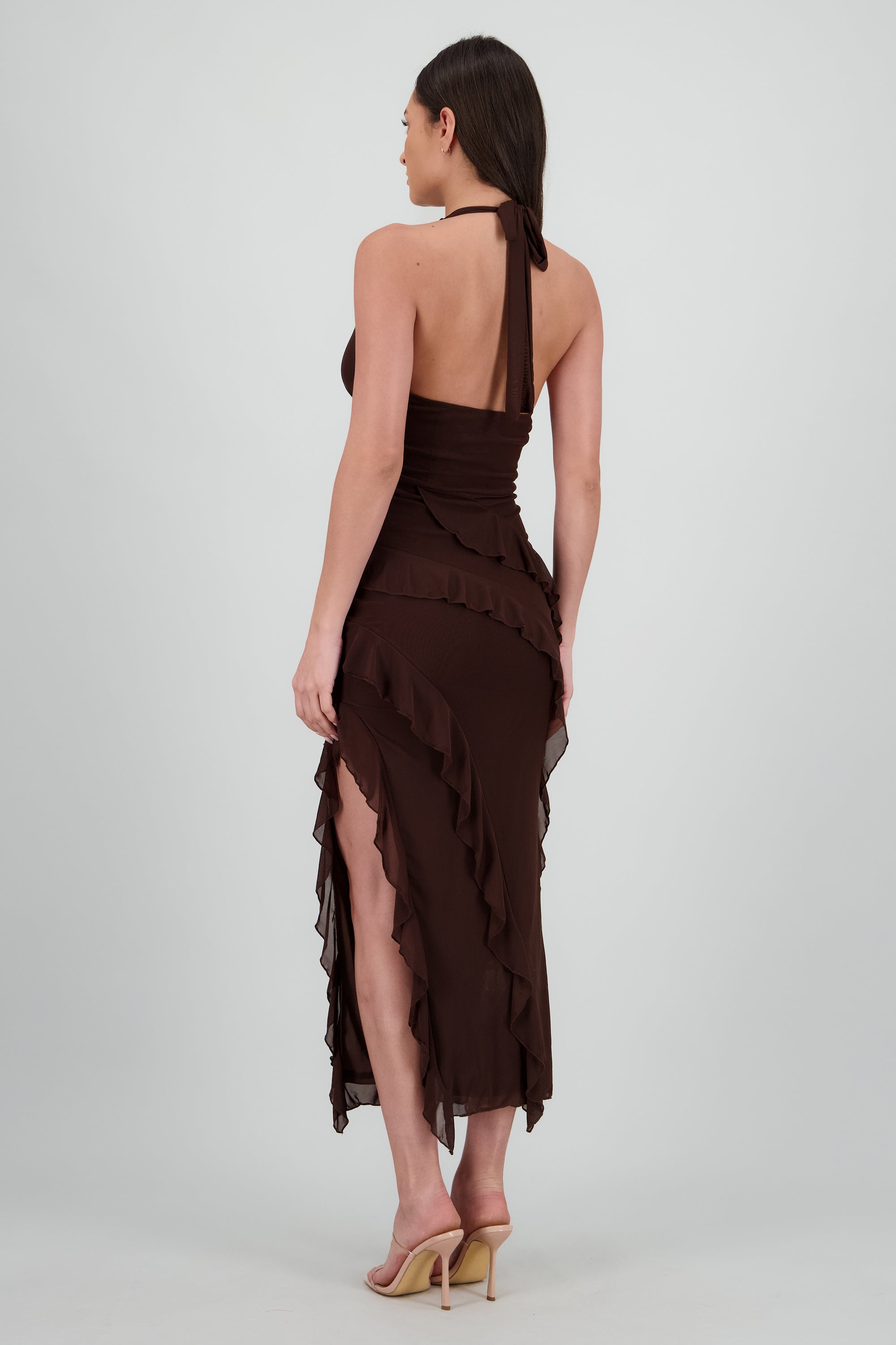 Vestido maxi halter olanes con varilla CHOCOLATE