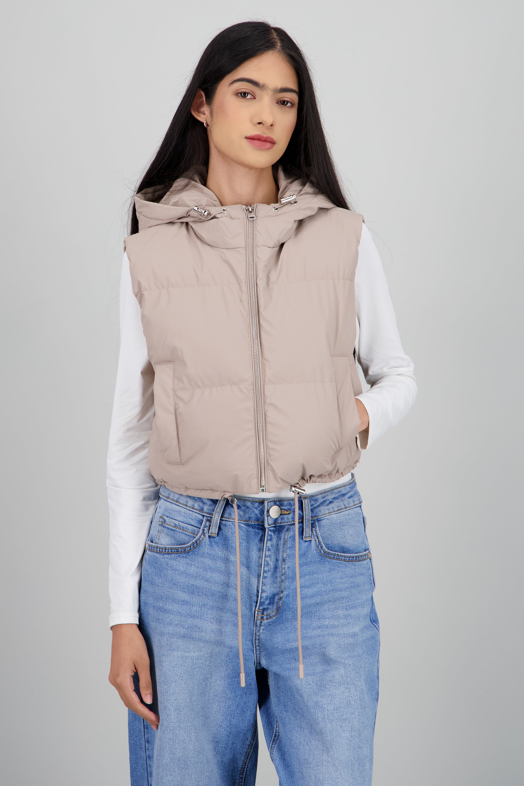 Chaleco capitonado con gorro TAUPE