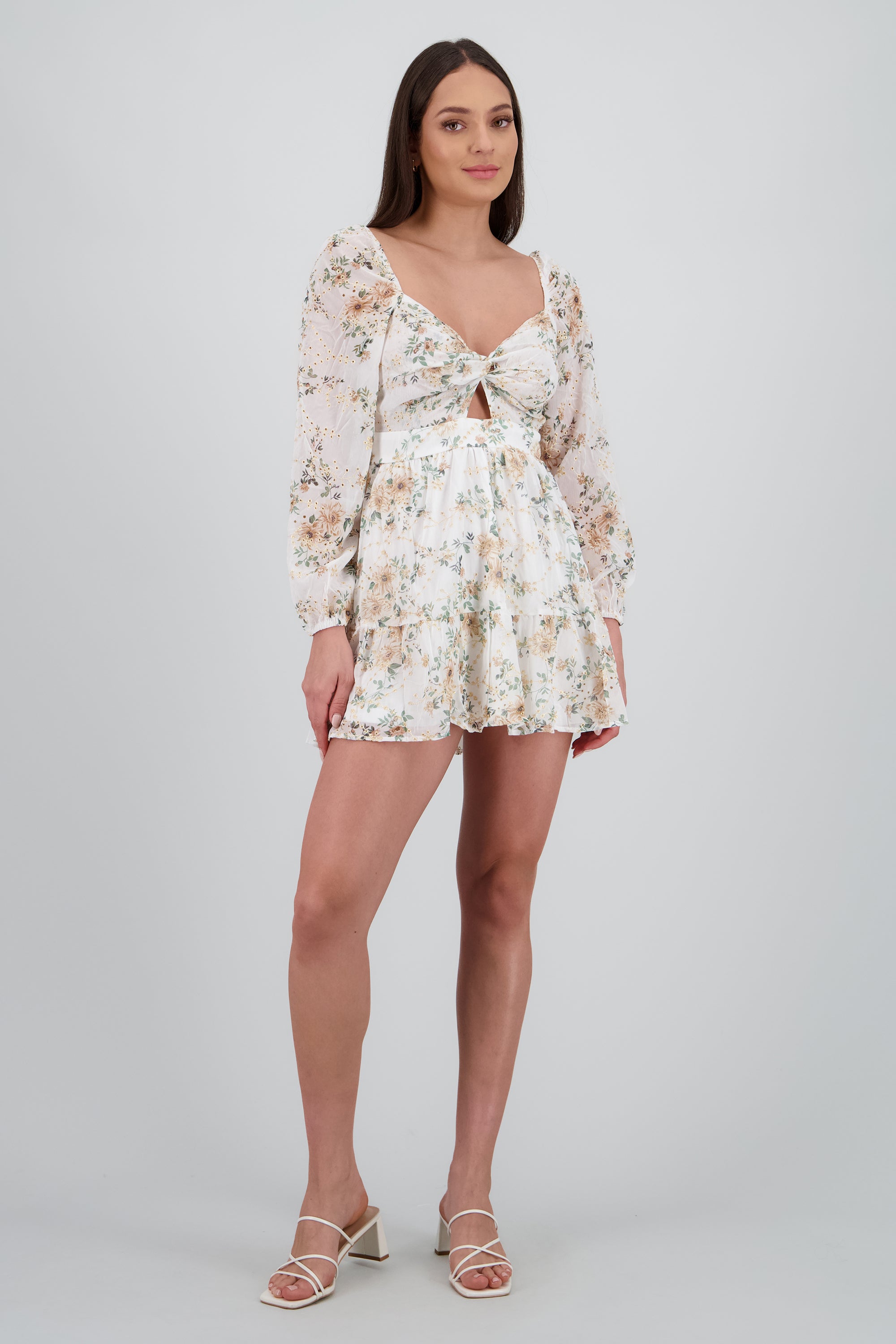 Vestido mini bordados flores HUESO COMBO