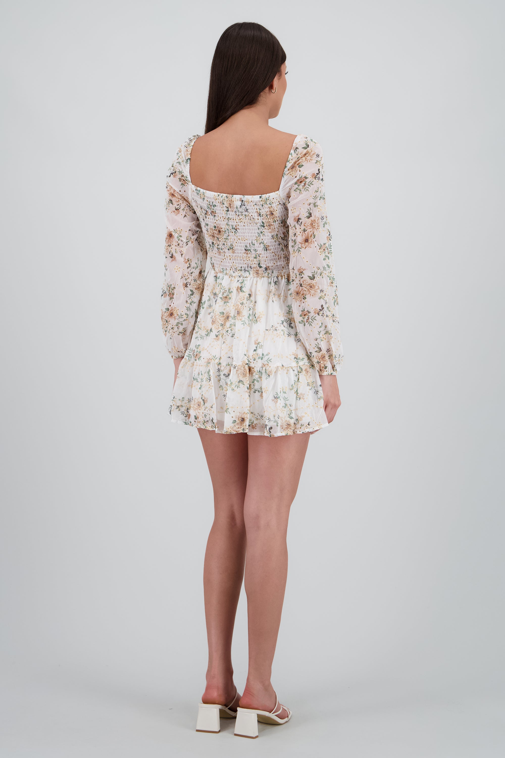 Vestido mini bordados flores HUESO COMBO