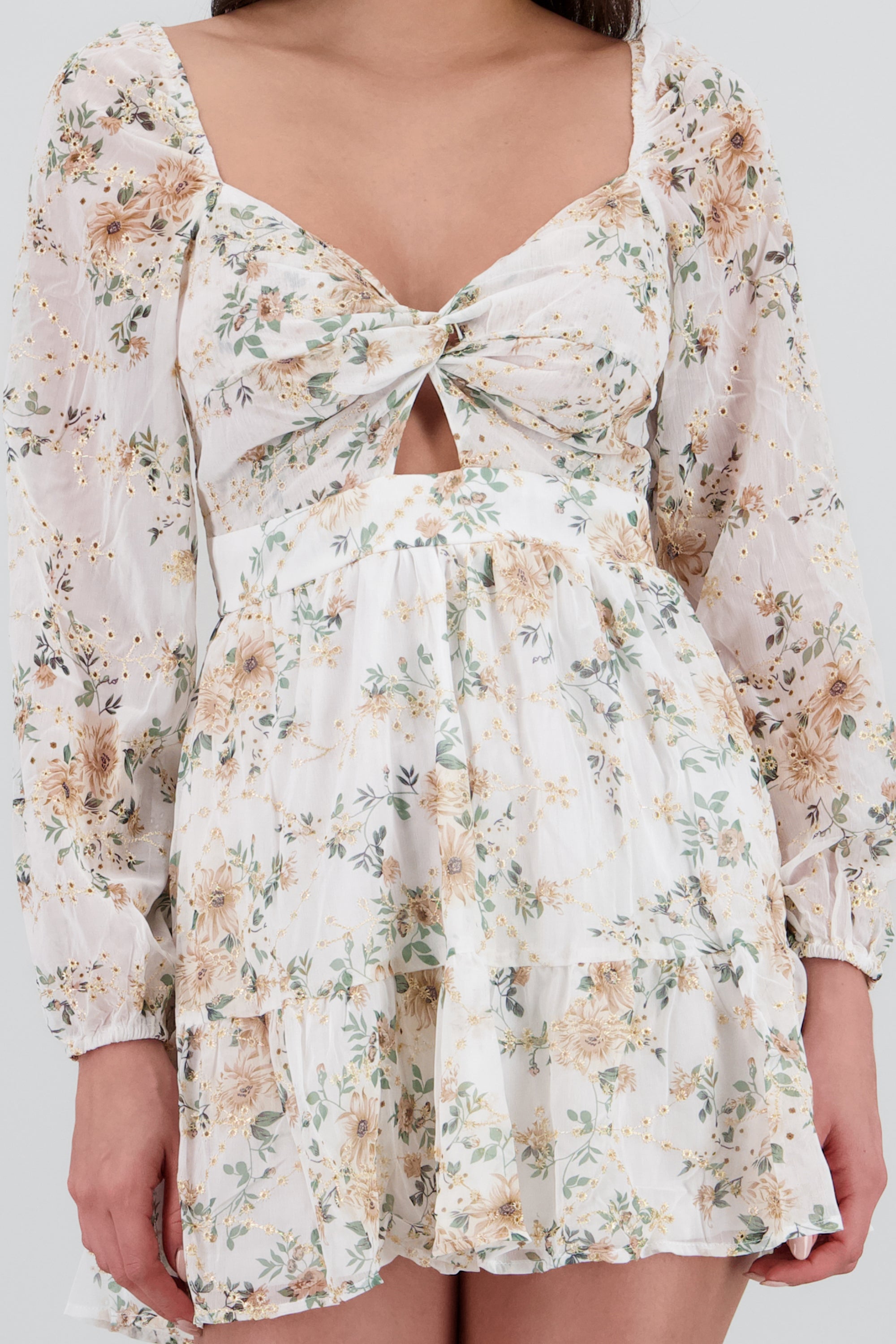 Vestido mini bordados flores HUESO COMBO
