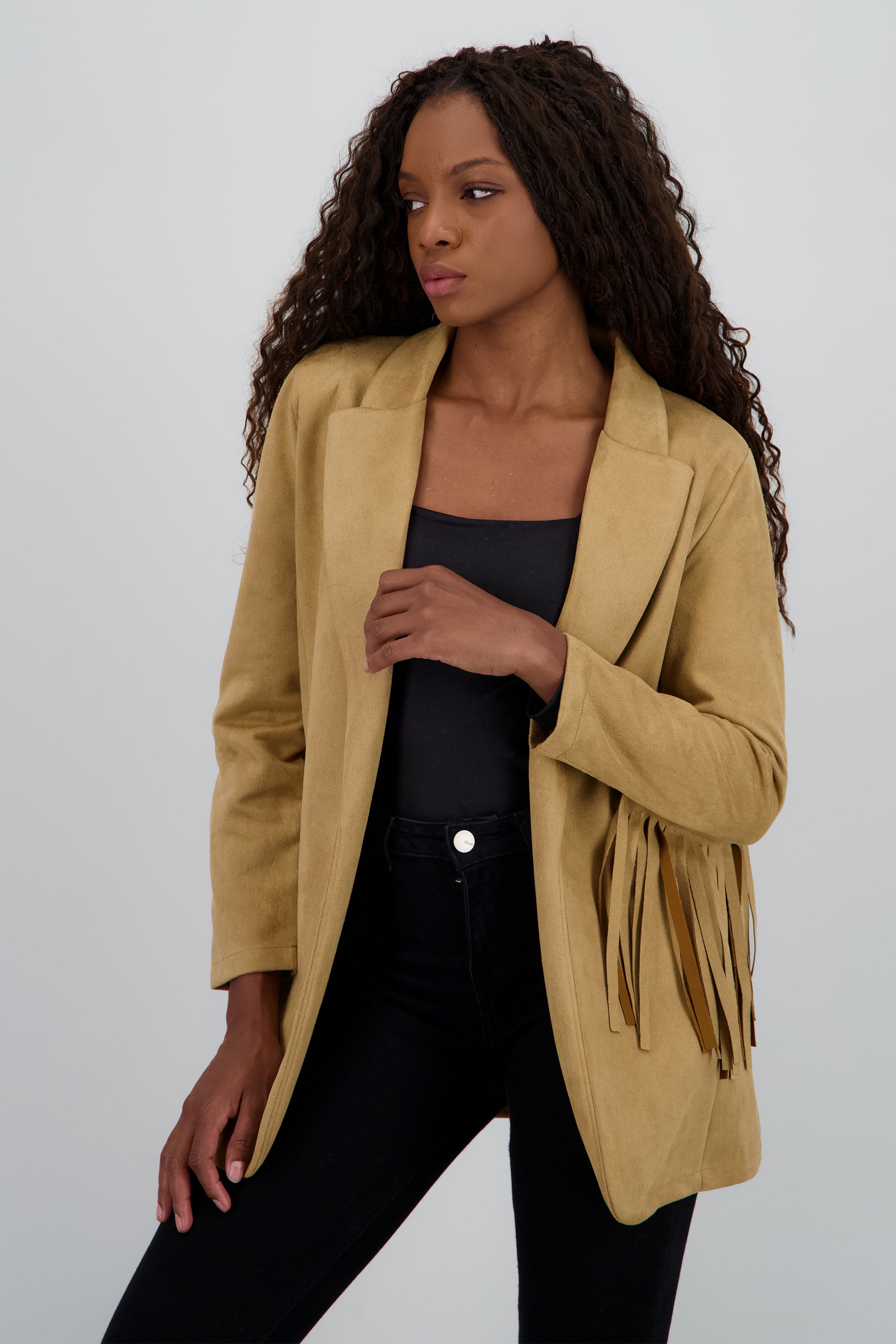 Blzer largo detalle flecos en mangas BEIGE