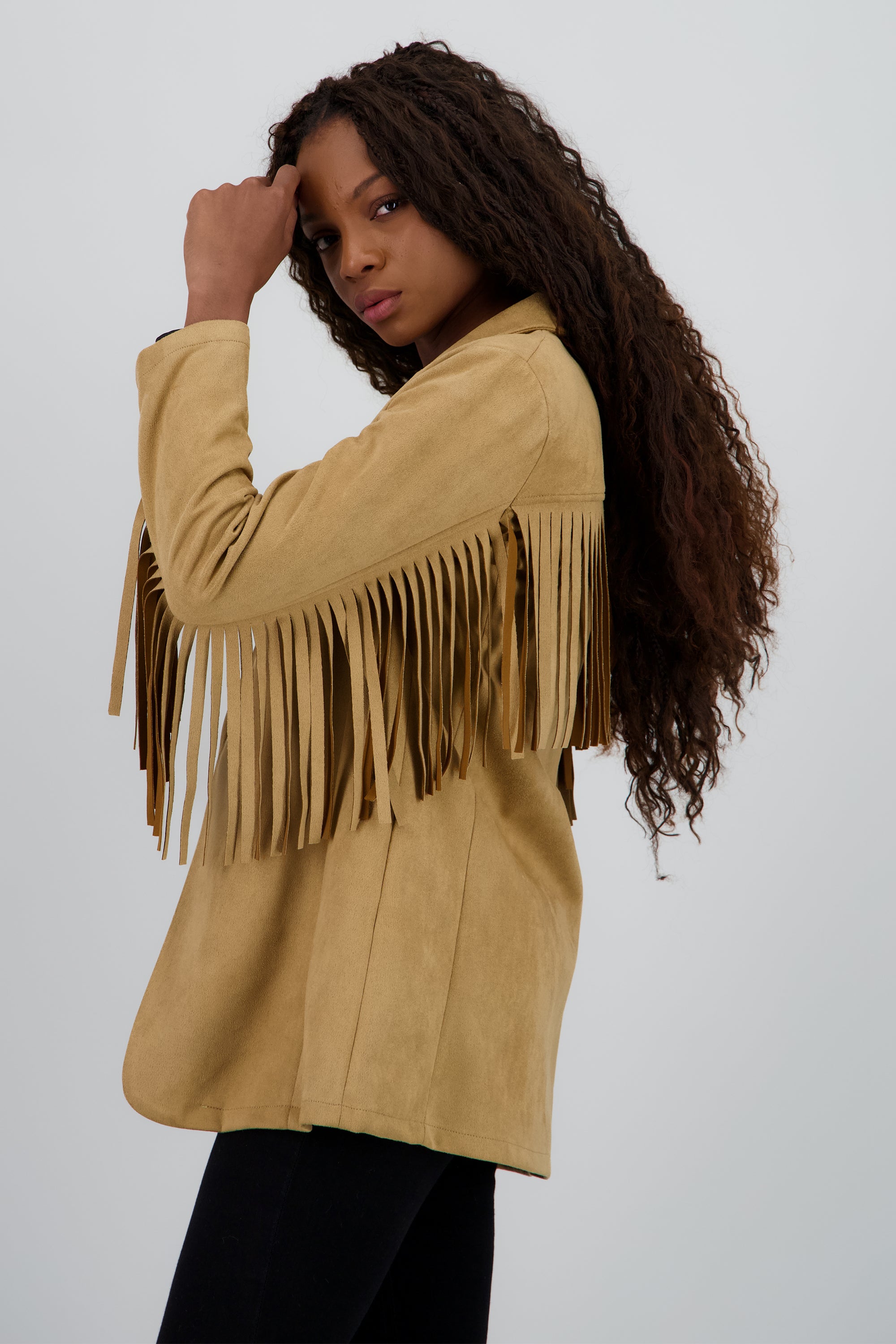 Blzer largo detalle flecos en mangas BEIGE