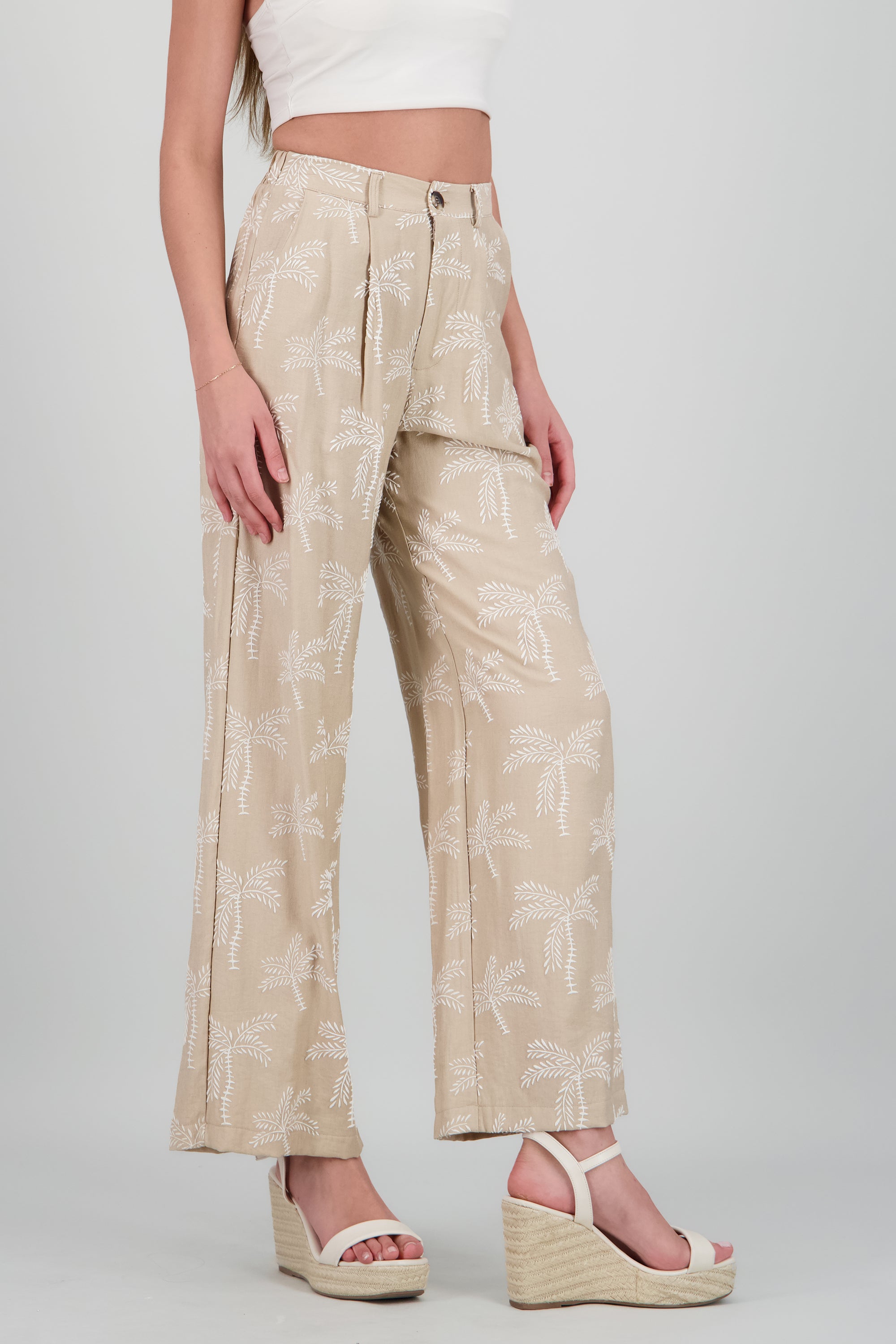 Pantalon recto estampado de palmeras BEIGE