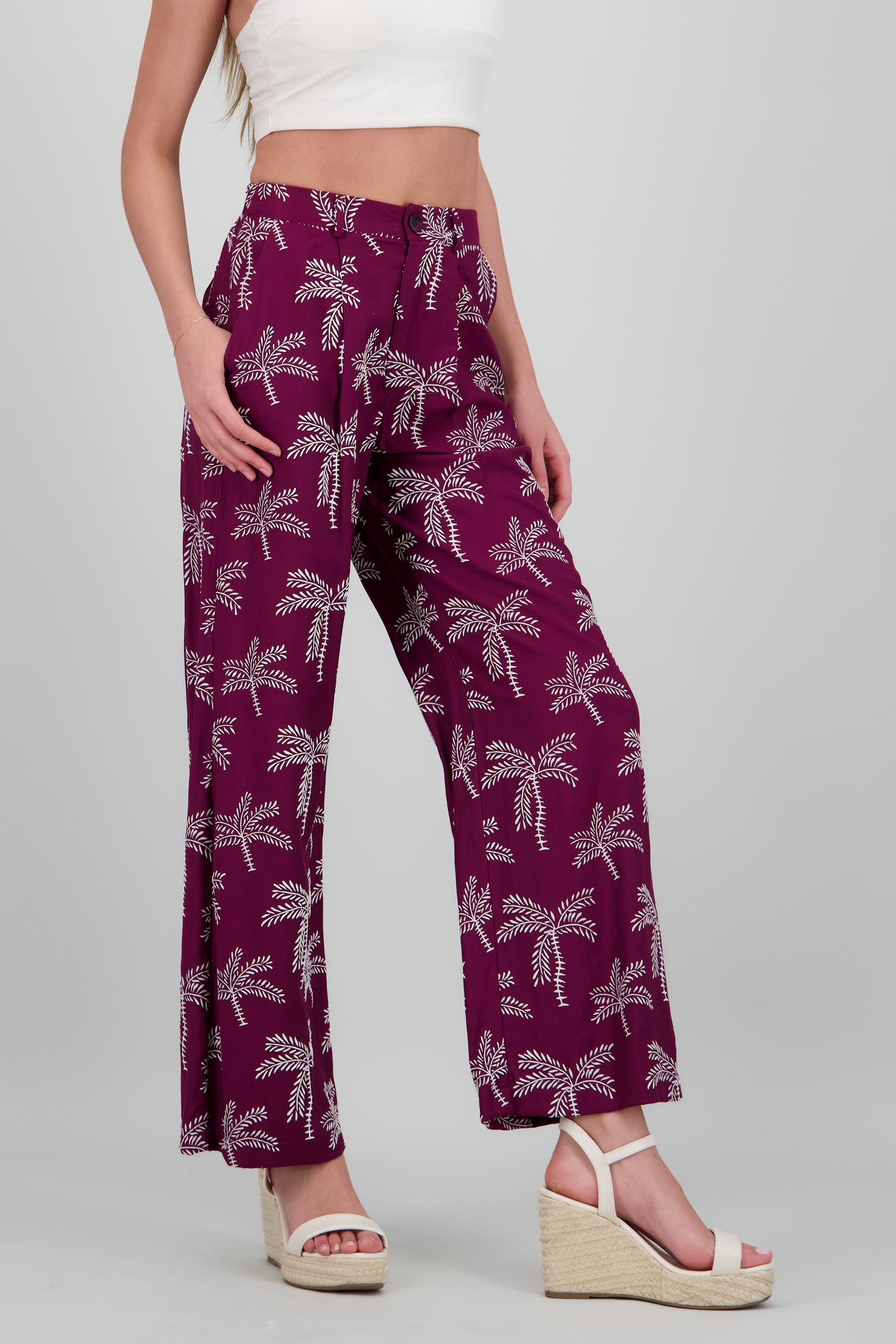 Pantalon recto estampado de palmeras VINO