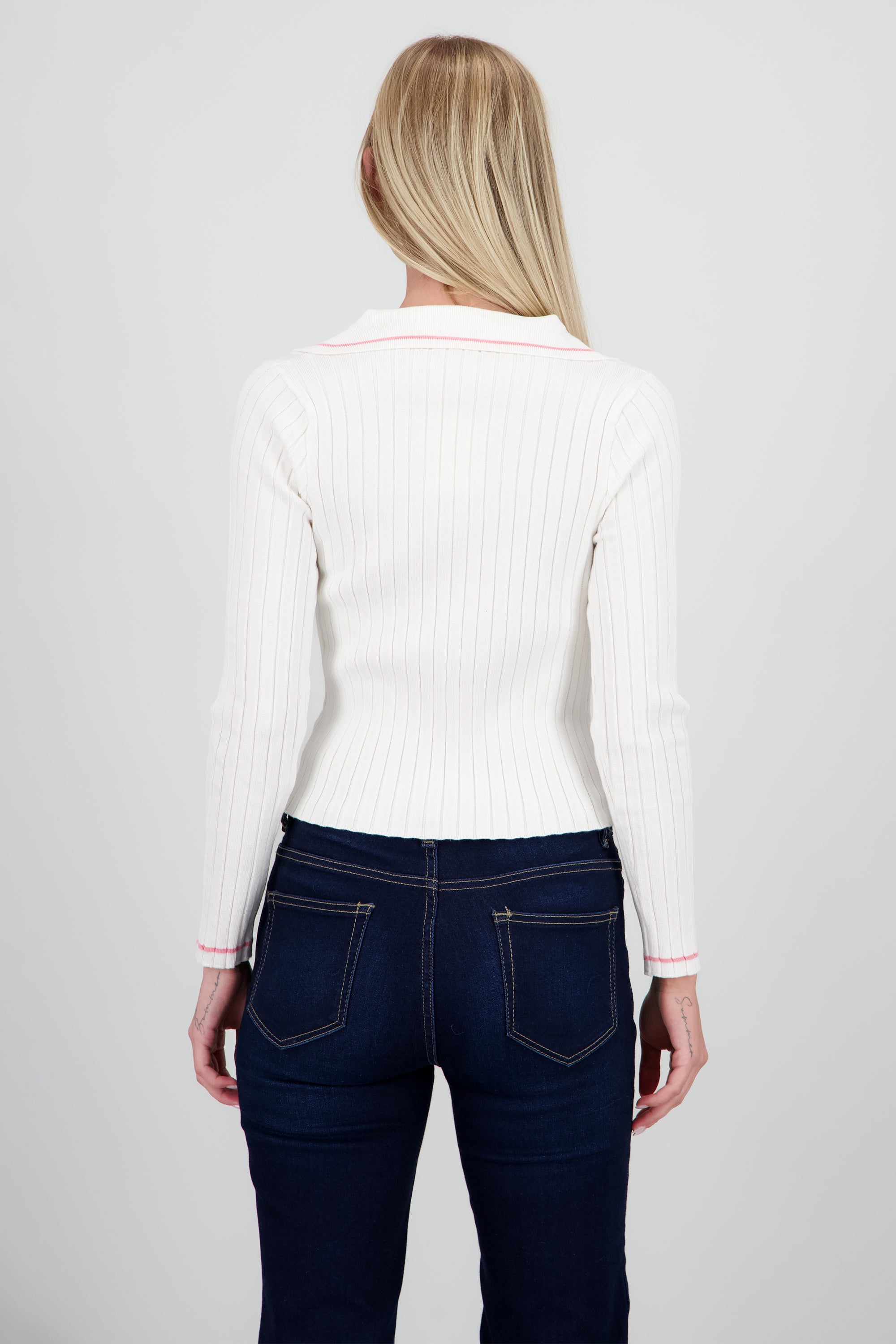 Top cuello polo tejido contraste lineas BLANCO COMBO