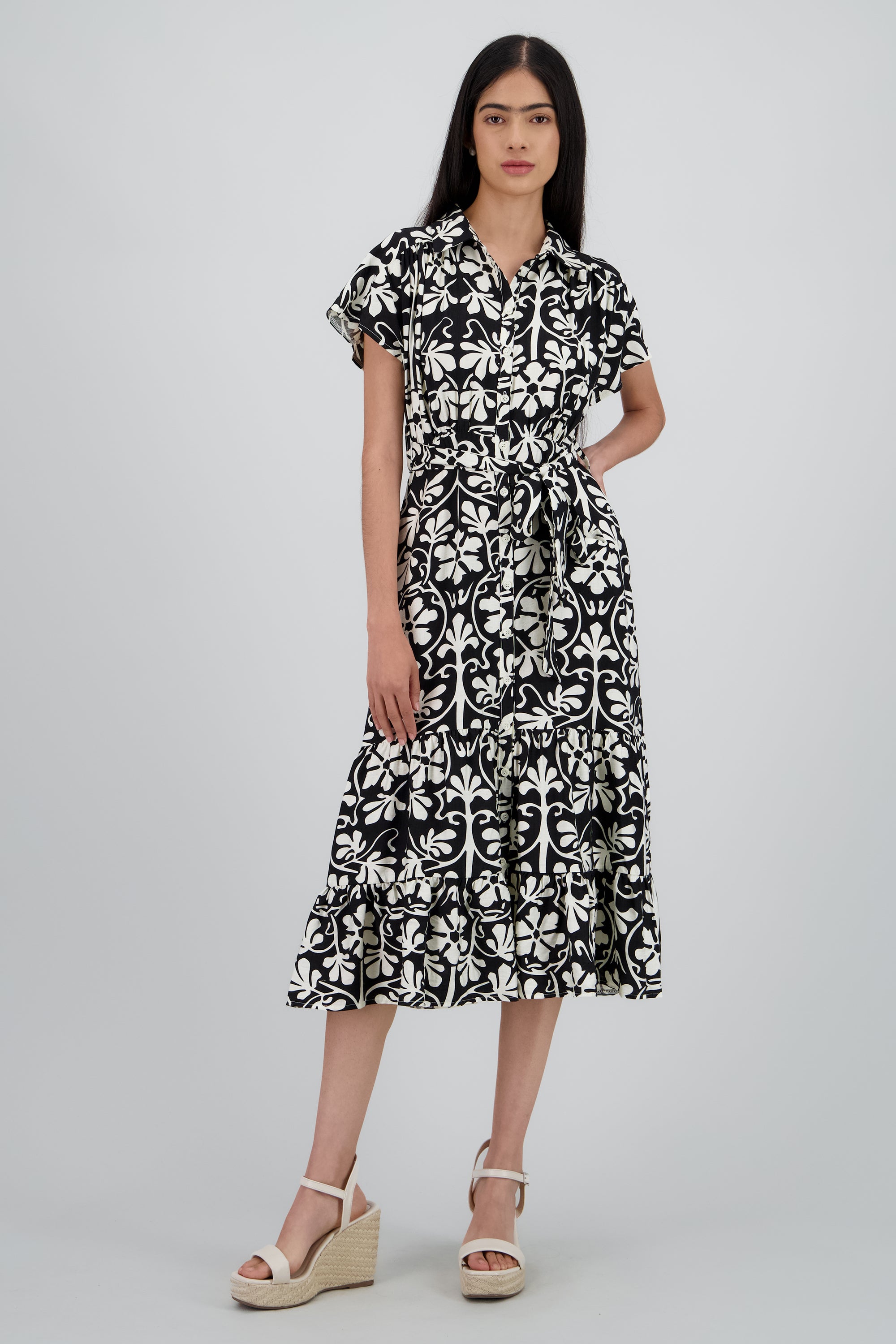 Vestido estampado geometrico manga corta NEGRO COMBO