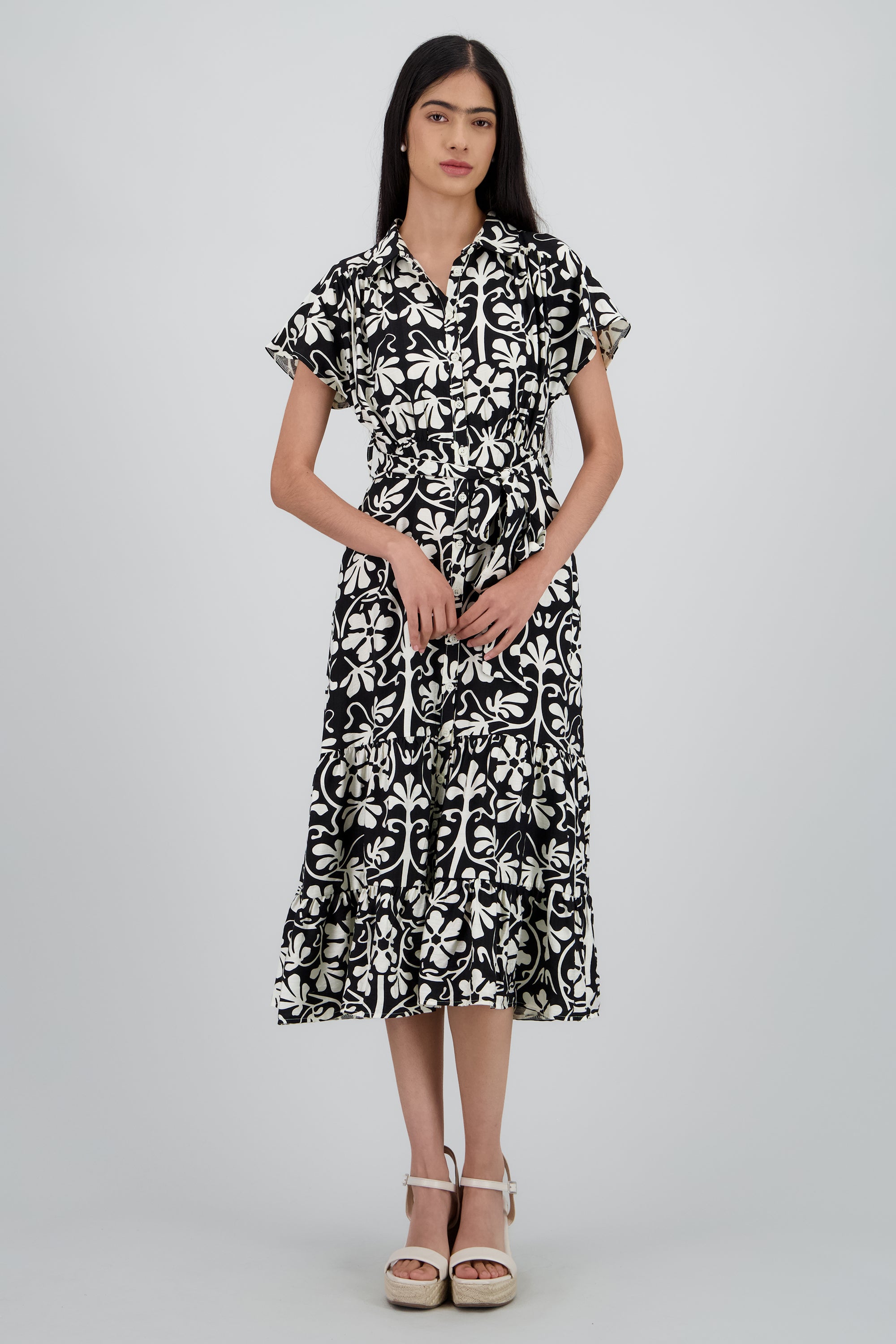 Vestido estampado geometrico manga corta NEGRO COMBO