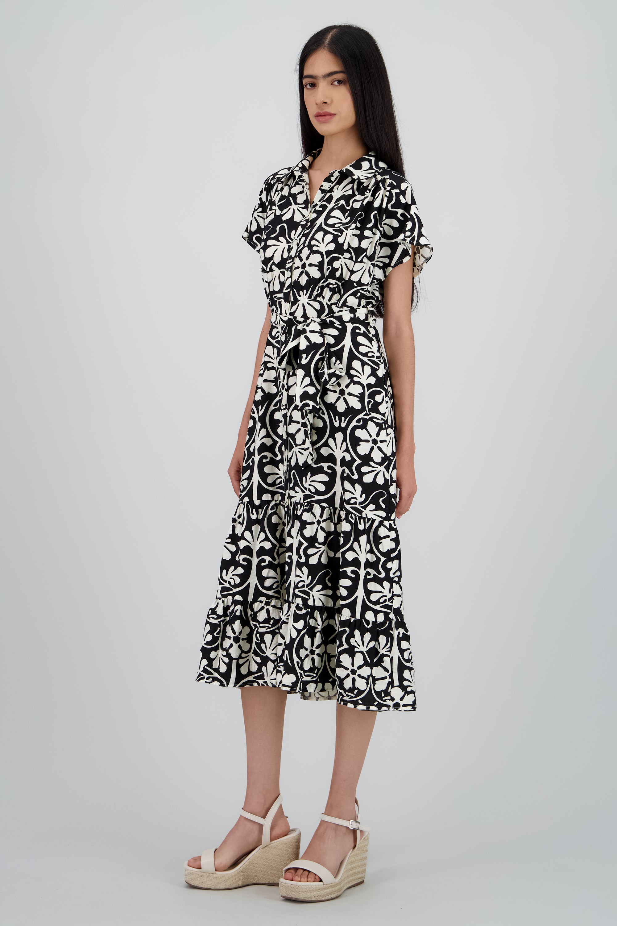 Vestido estampado geometrico manga corta NEGRO COMBO