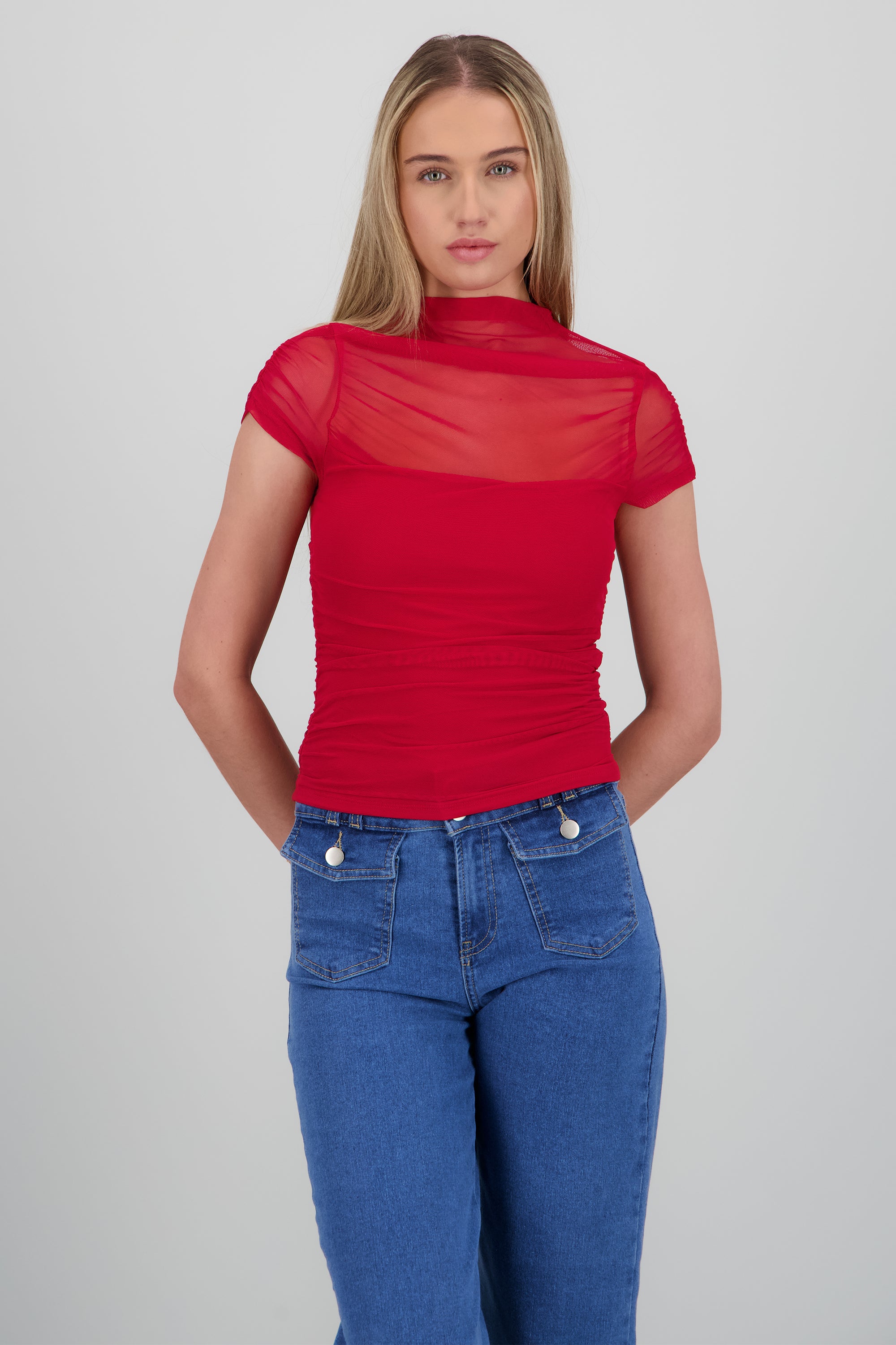 Blusa manga corta con frunces de mesh VINO