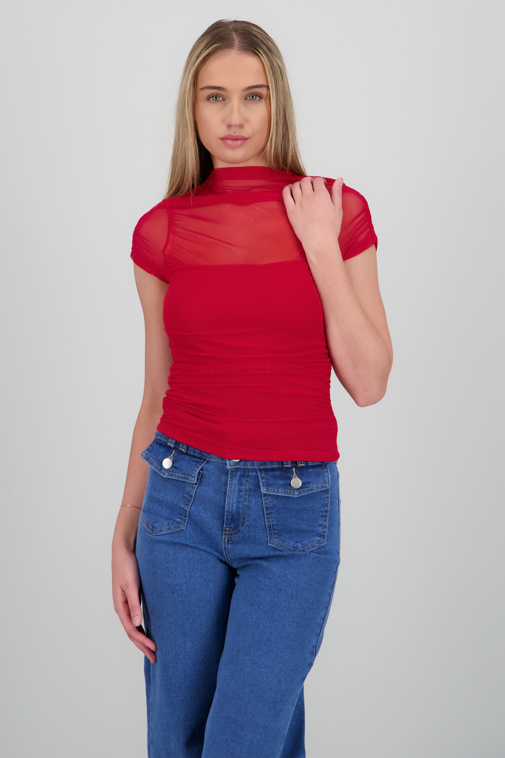 Blusa manga corta con frunces de mesh VINO