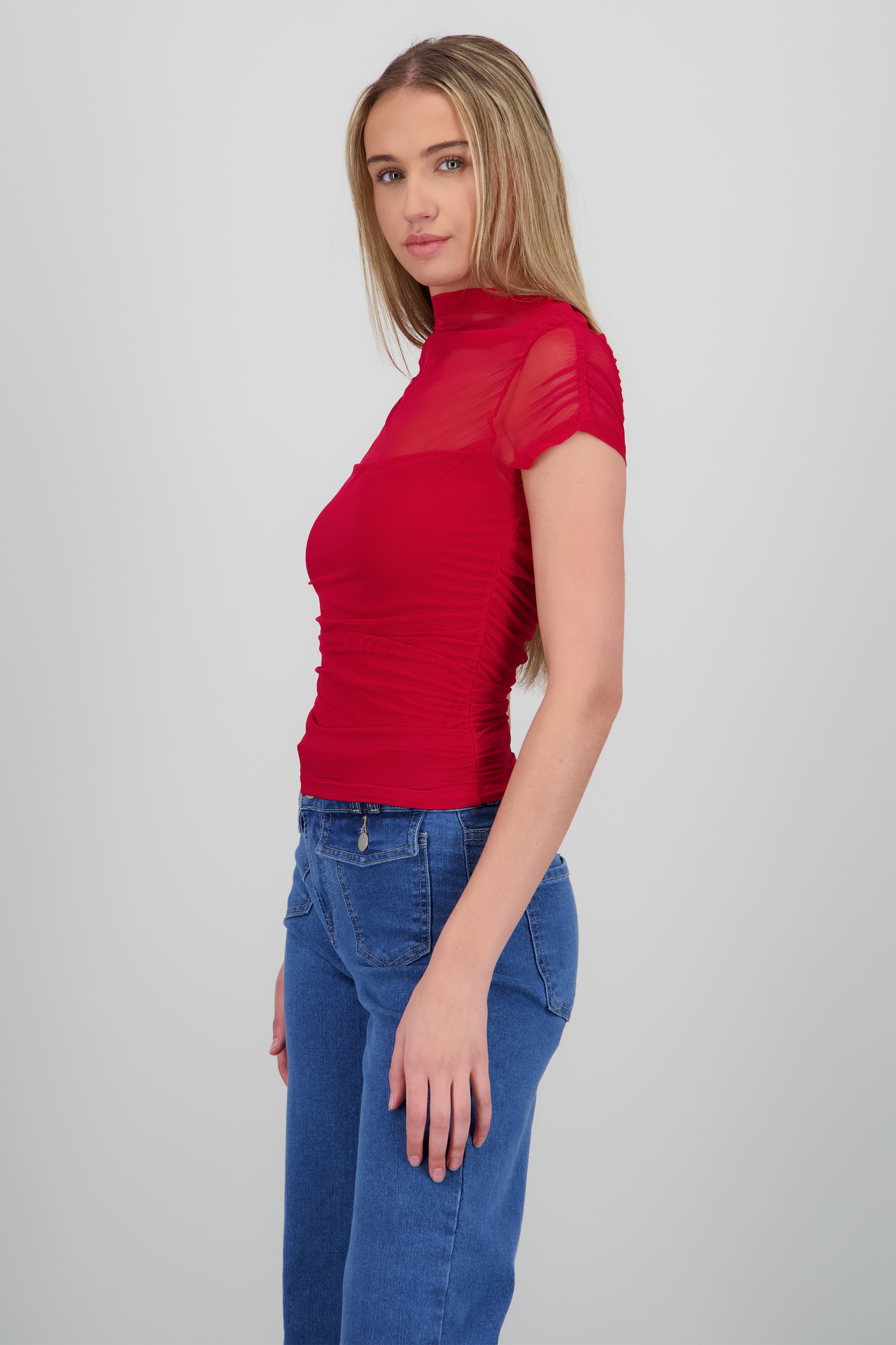 Blusa manga corta con frunces de mesh VINO