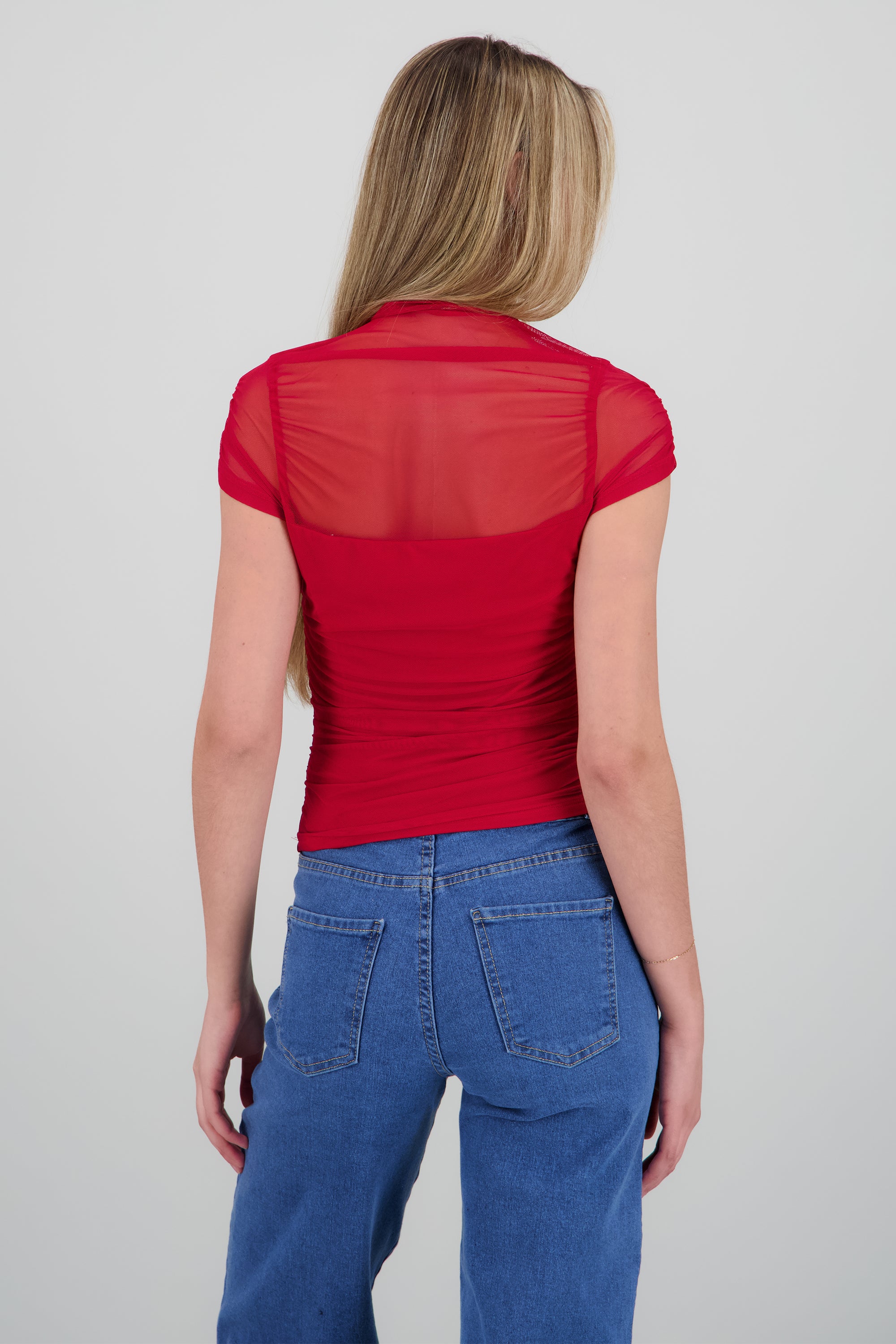 Blusa manga corta con frunces de mesh VINO