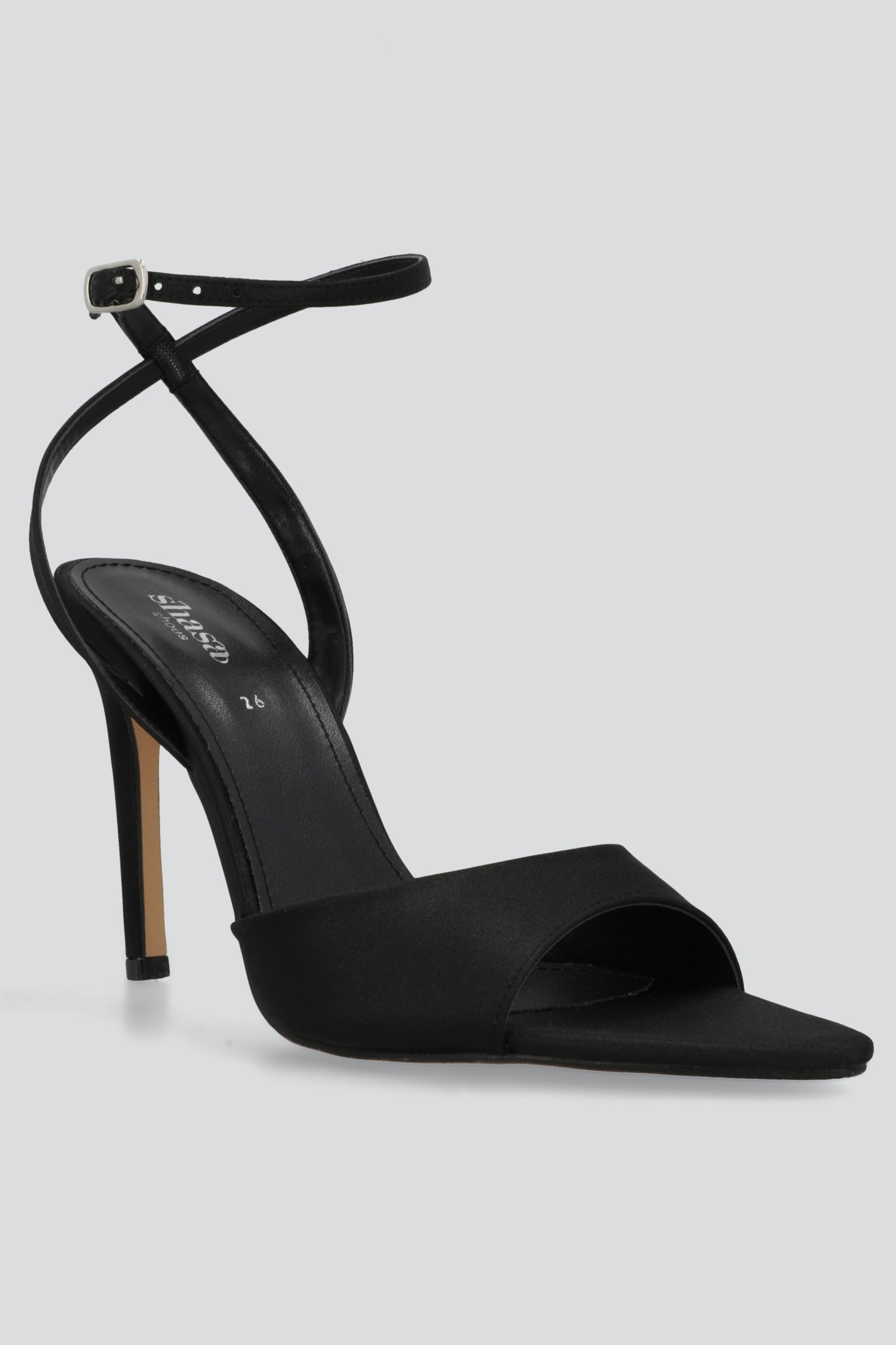 Tacon alto pointy peep toe satin NEGRO