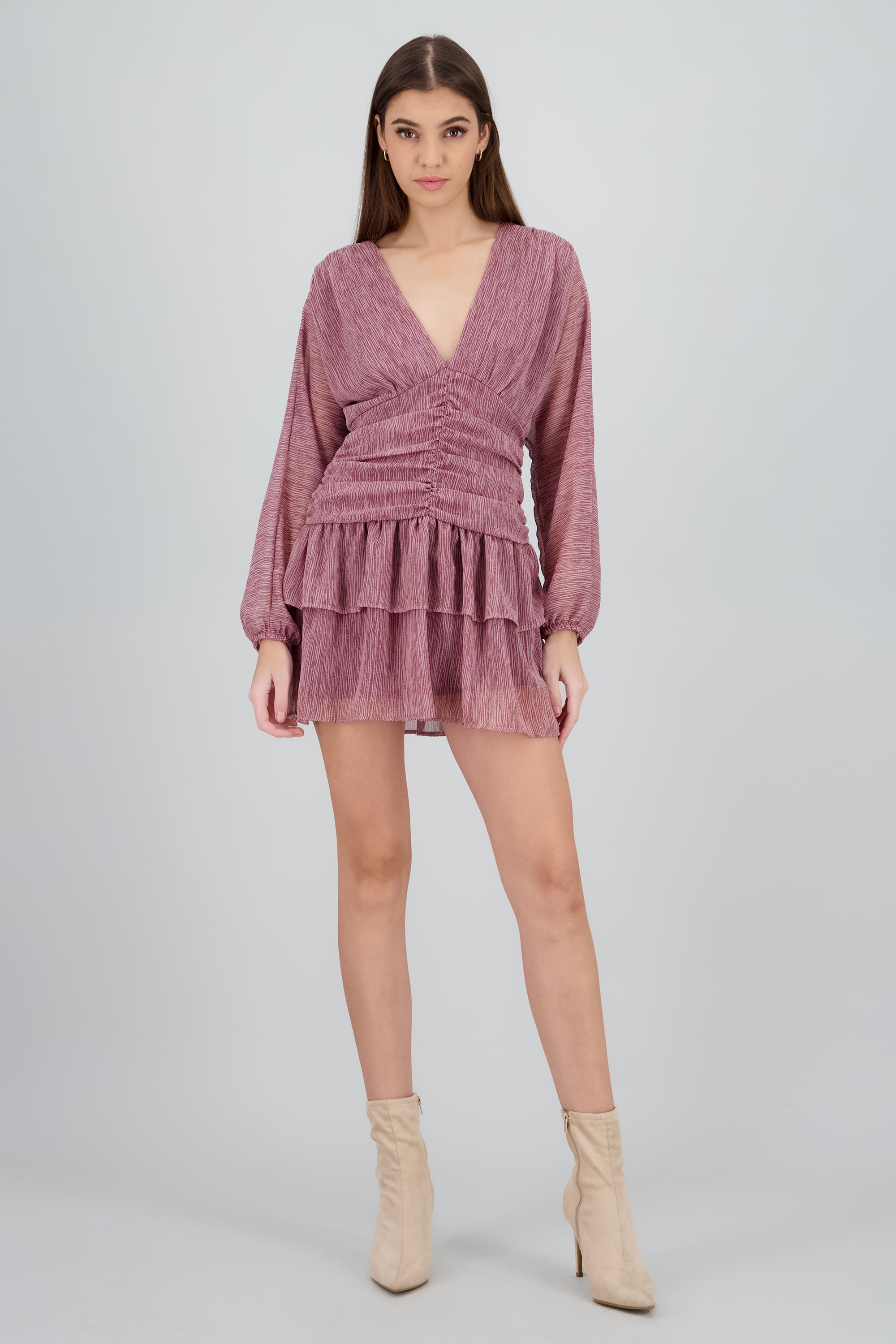 Vestido mini detalle drapeado manga larga MARSALA