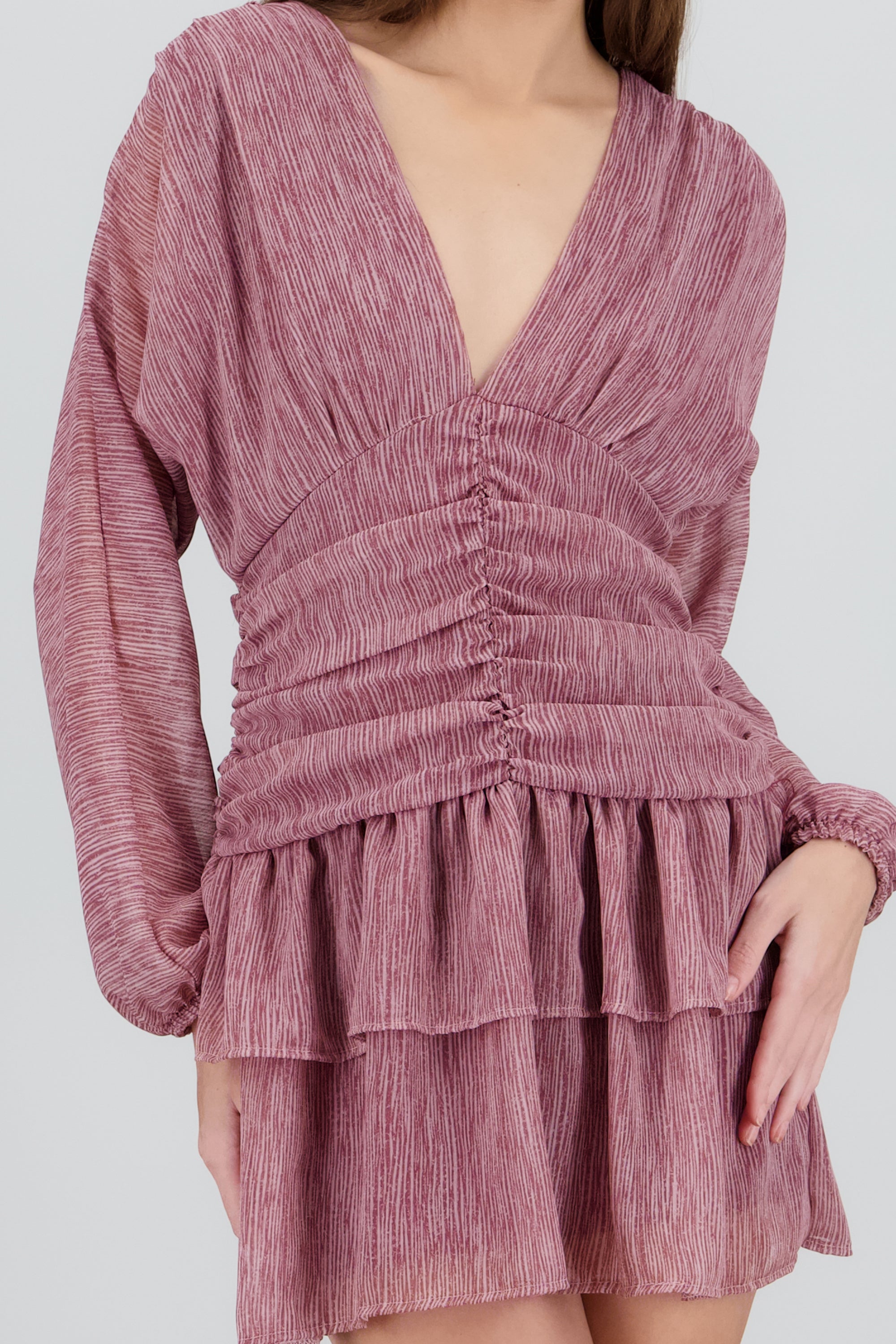 Vestido mini detalle drapeado manga larga MARSALA