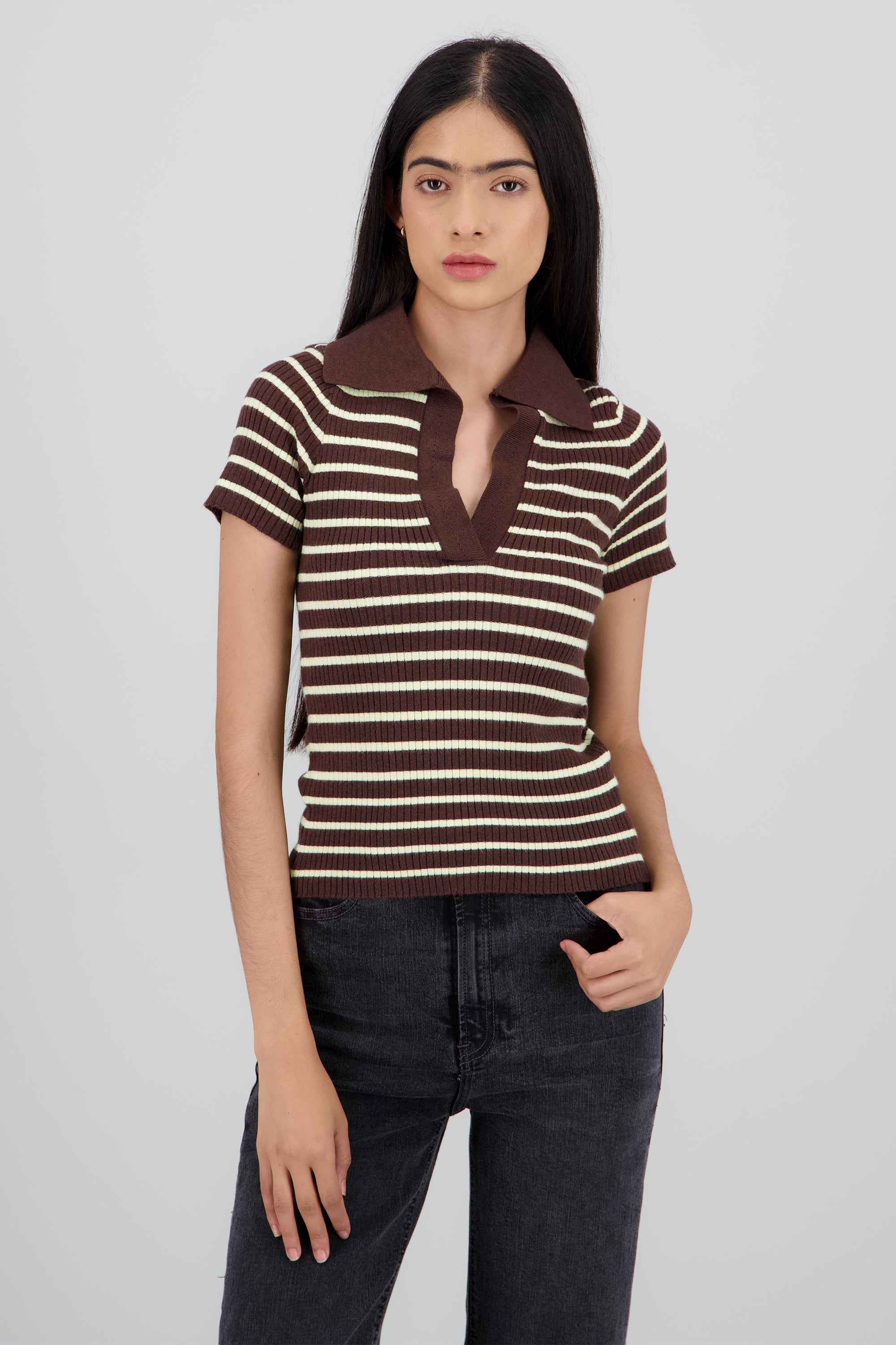 Top tejido polo contraste cuello rayas CAFE COMBO