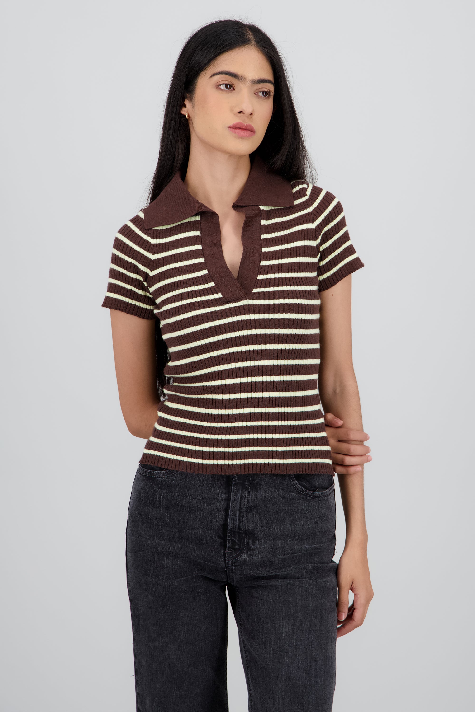 Top tejido polo contraste cuello rayas CAFE COMBO