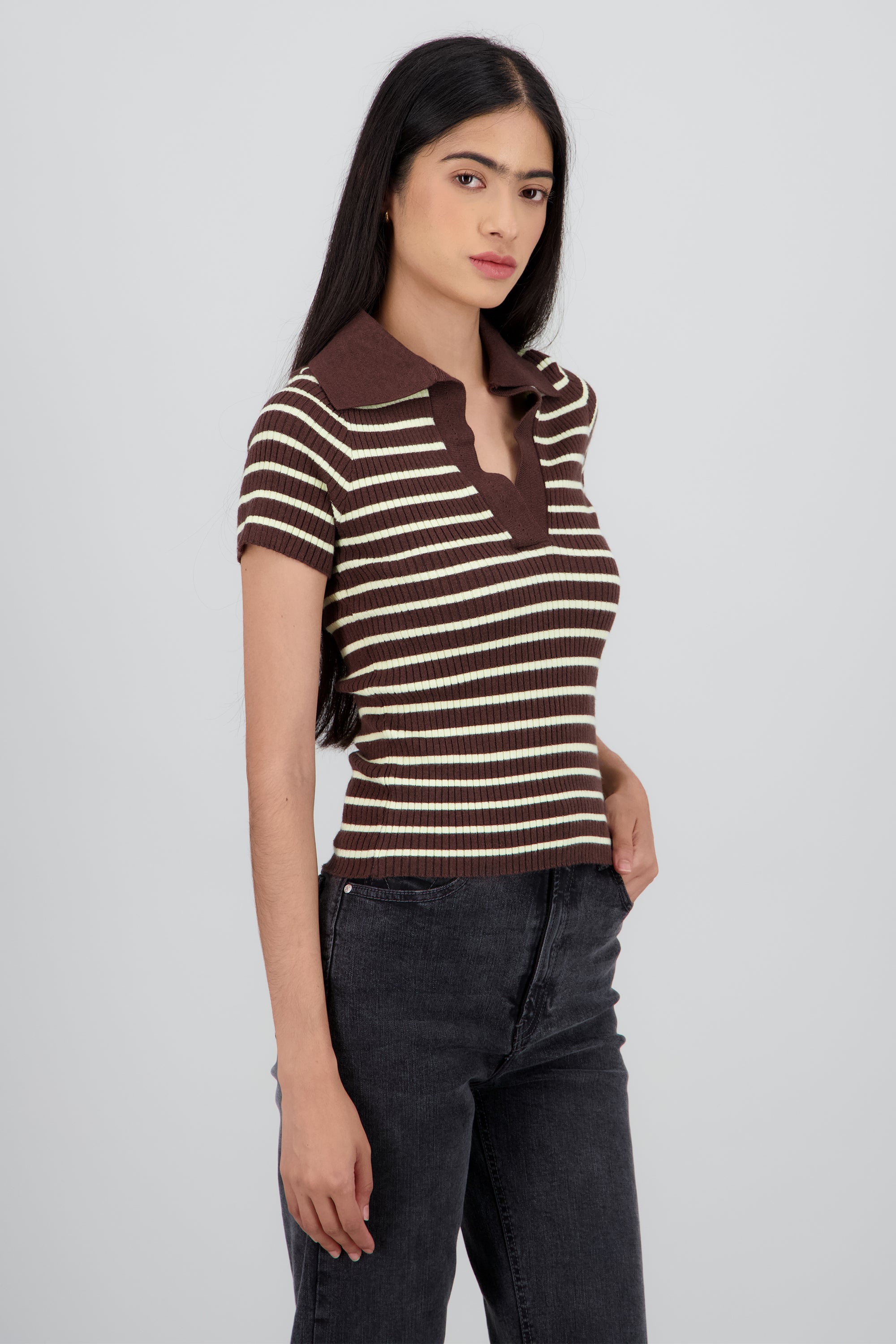 Top tejido polo contraste cuello rayas CAFE COMBO