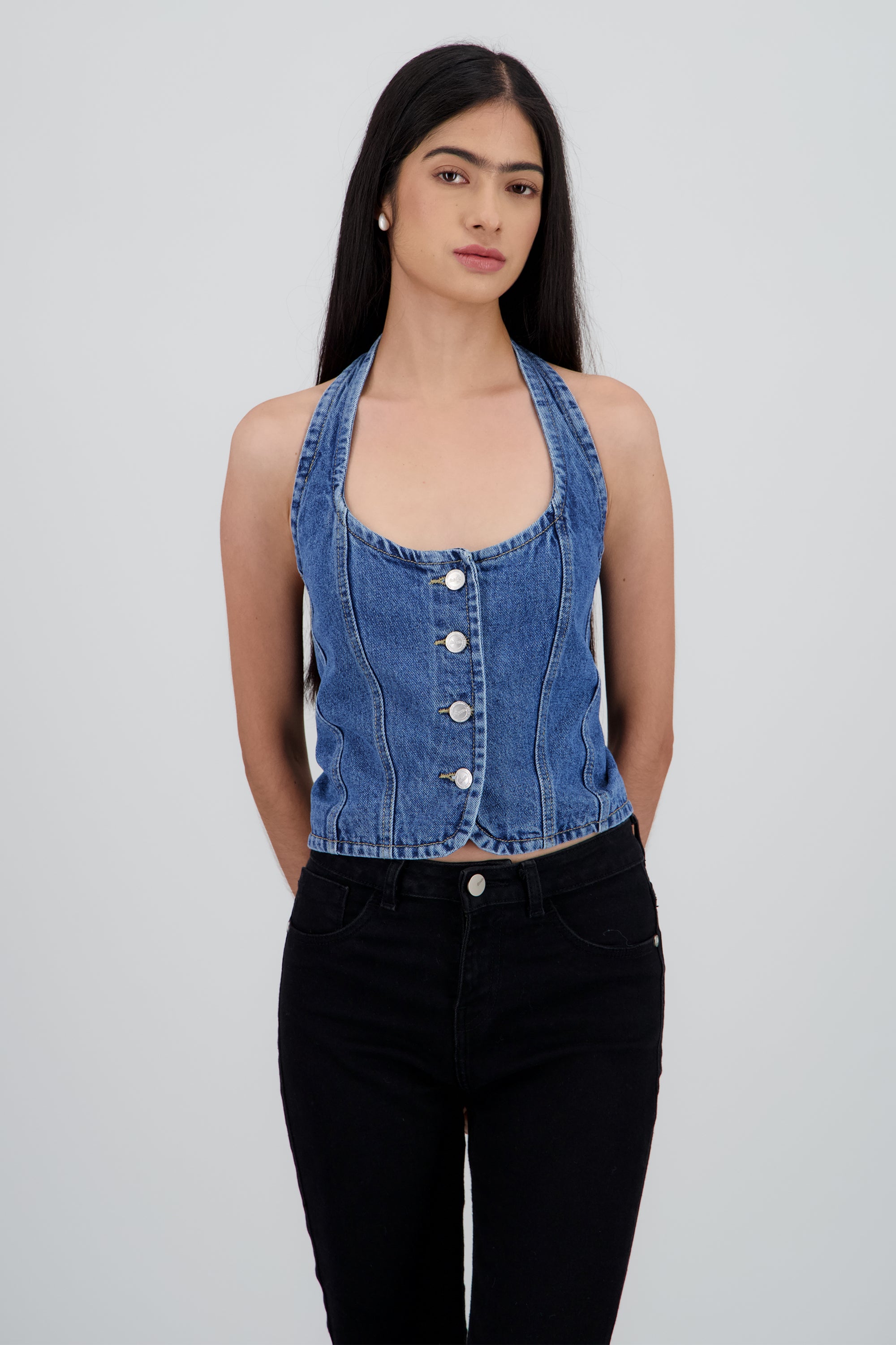 Top halter denim MEDIUM WASH
