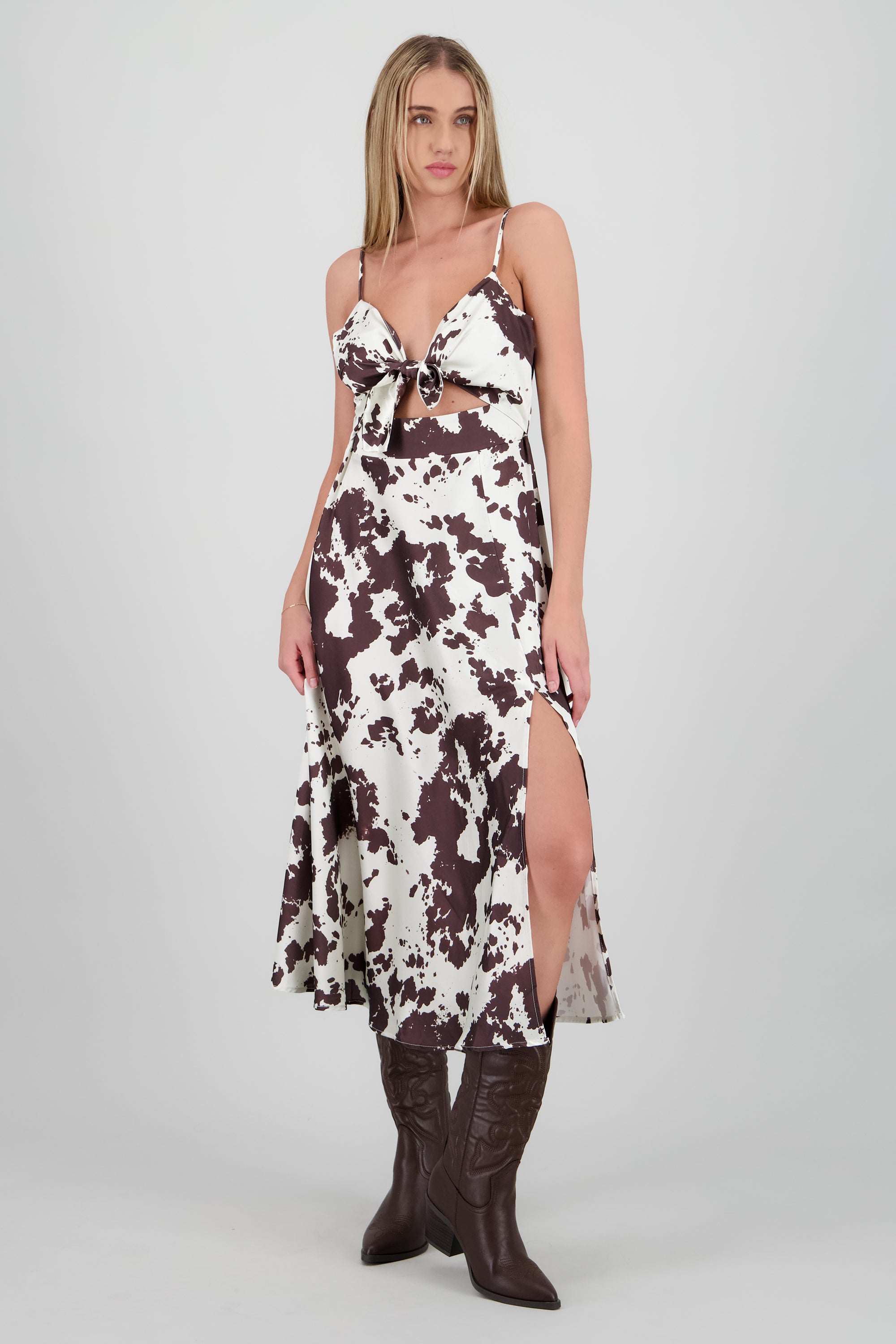 Vestido satin escote nudo estampado vaca CAFE COMBO