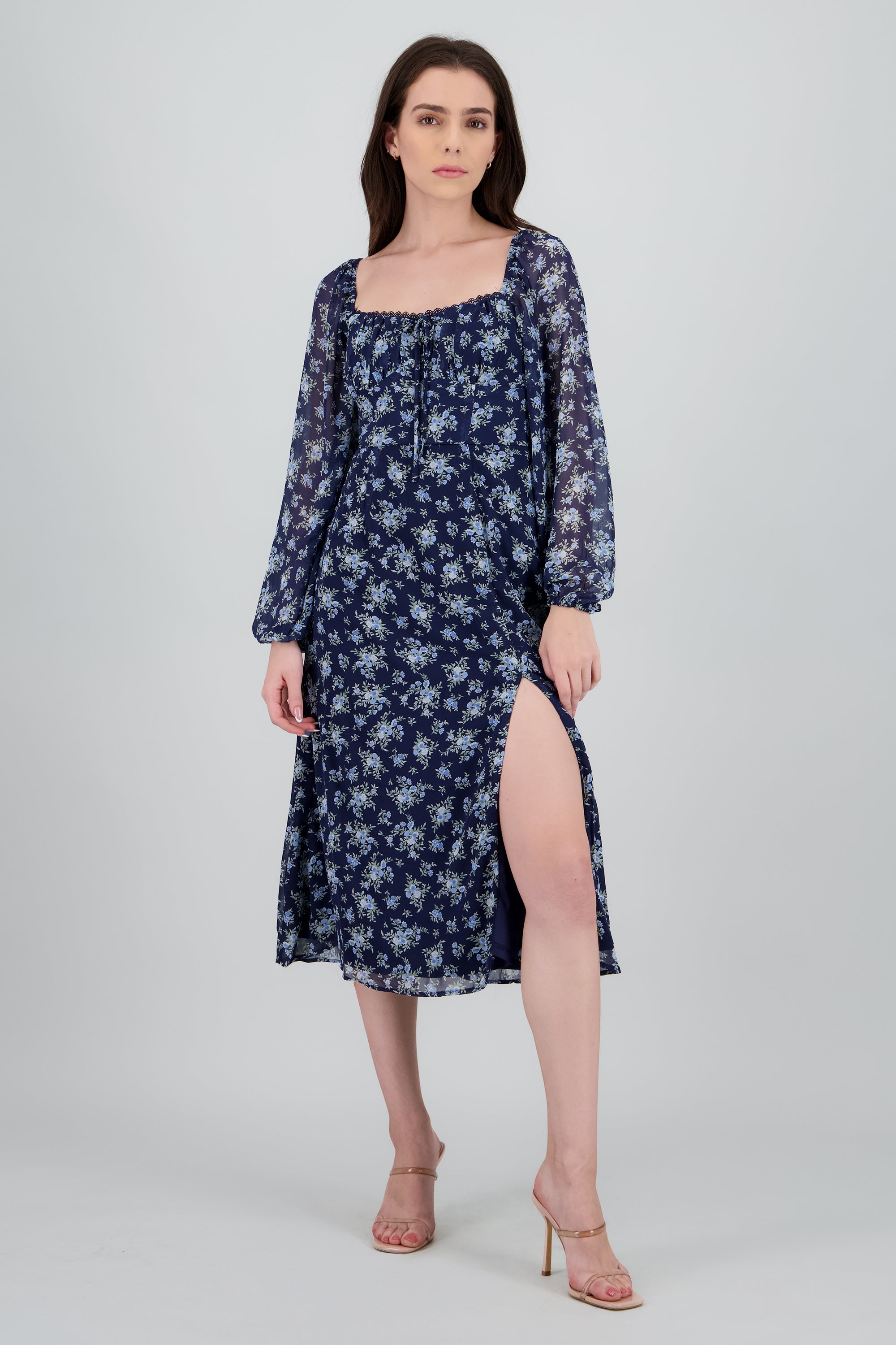 Vestido maxi flores detalle escote MARINO COMBO