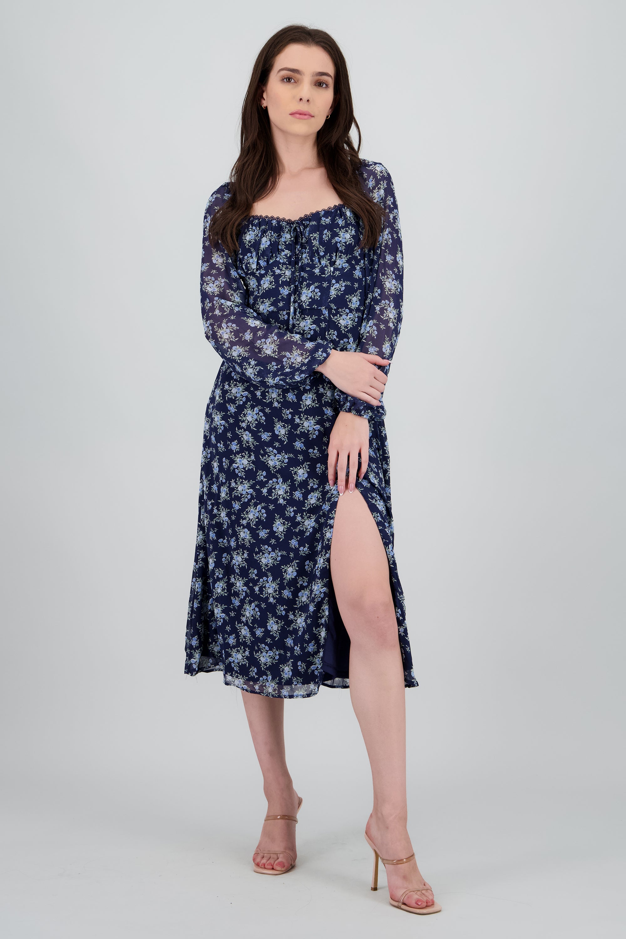 Vestido maxi flores detalle escote MARINO COMBO