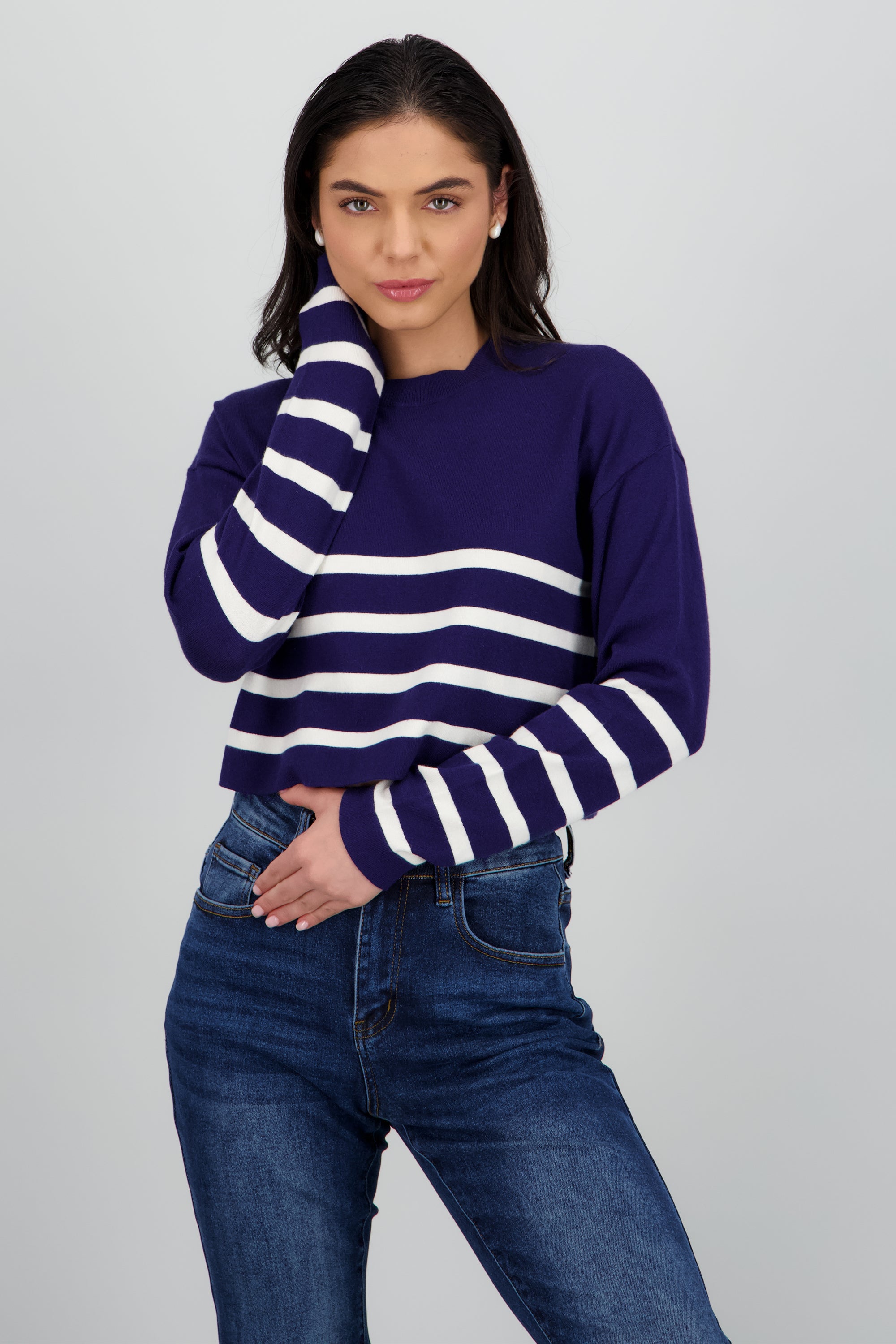 Sueter crop rayas cuello redondo MARINO