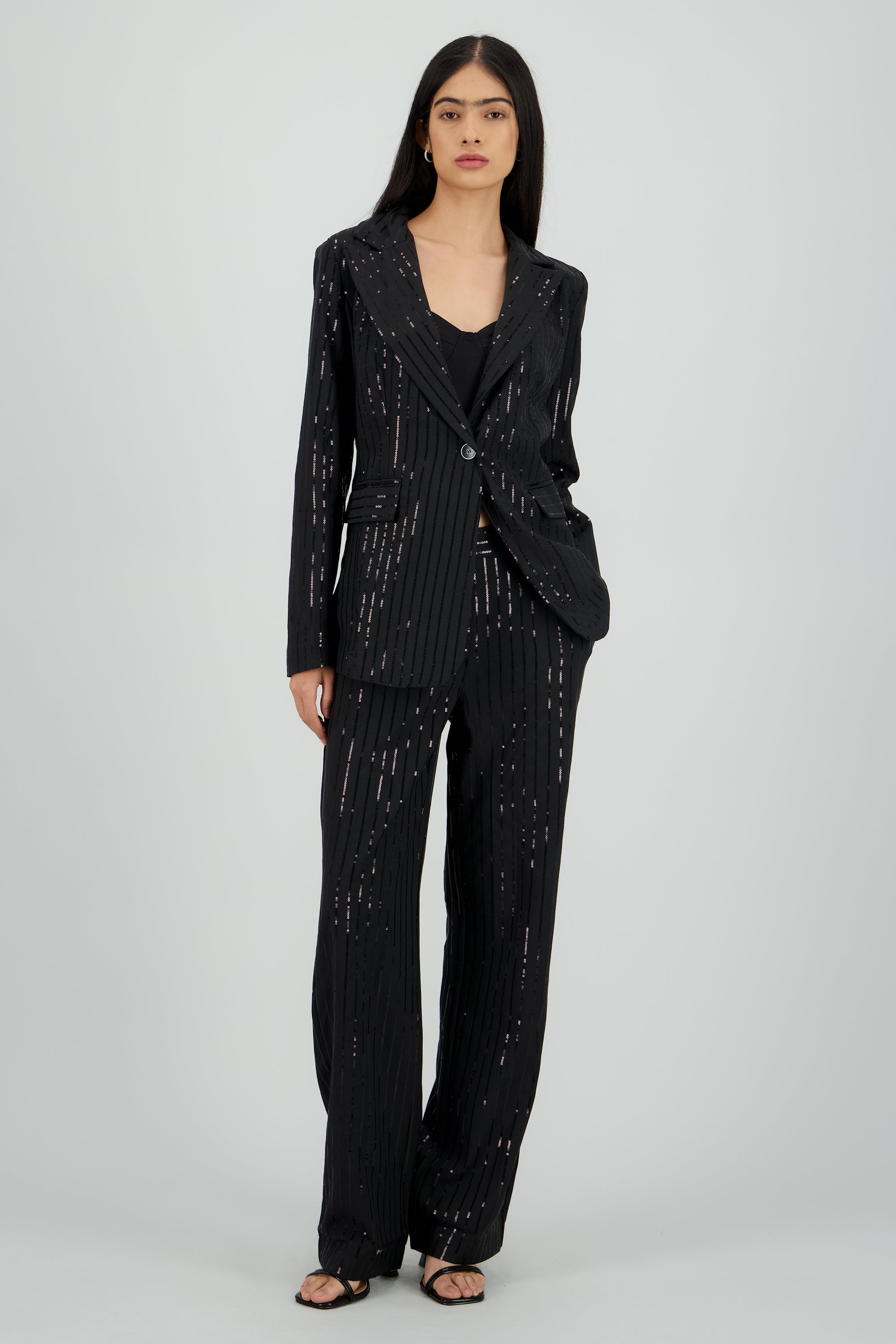 Pantalon recto de rayas con brillos NEGRO