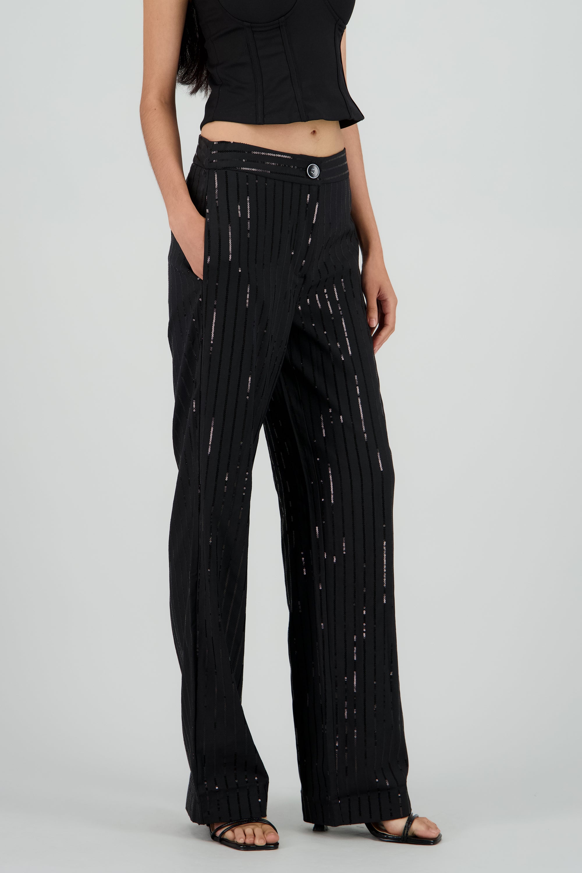Pantalon recto de rayas con brillos NEGRO