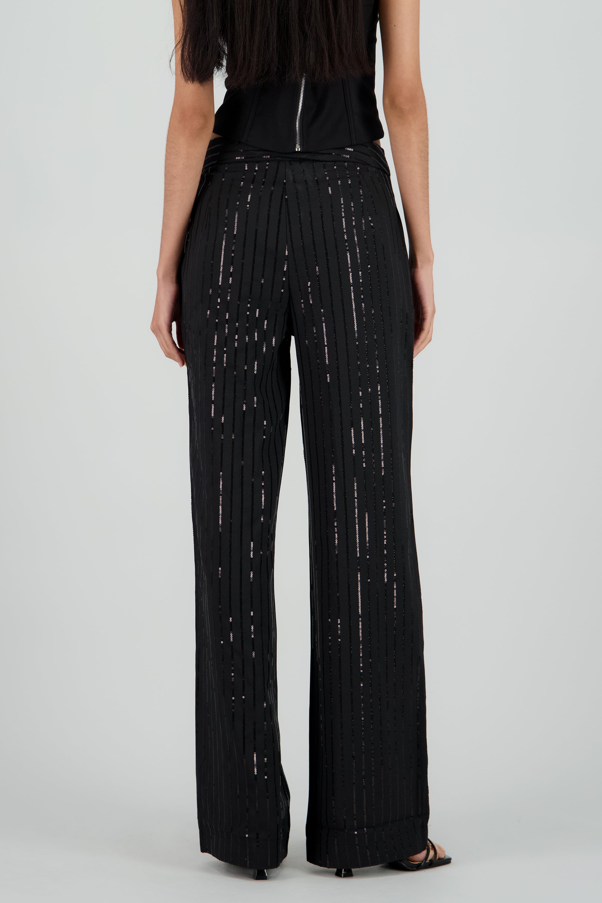 Pantalon recto de rayas con brillos NEGRO