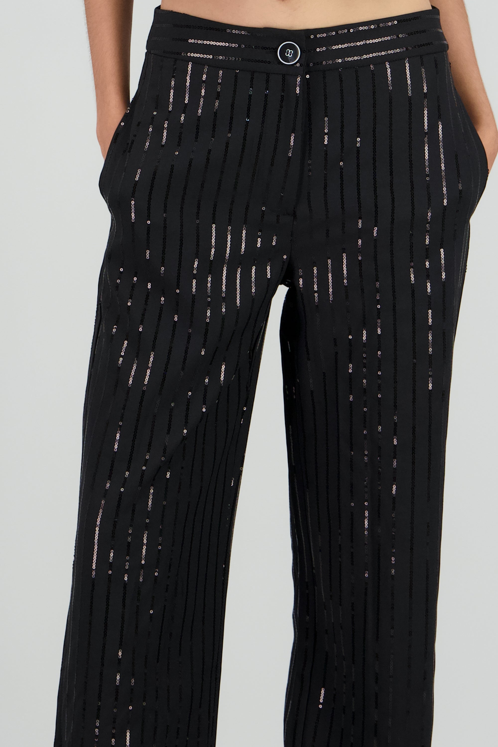 Pantalon recto de rayas con brillos NEGRO