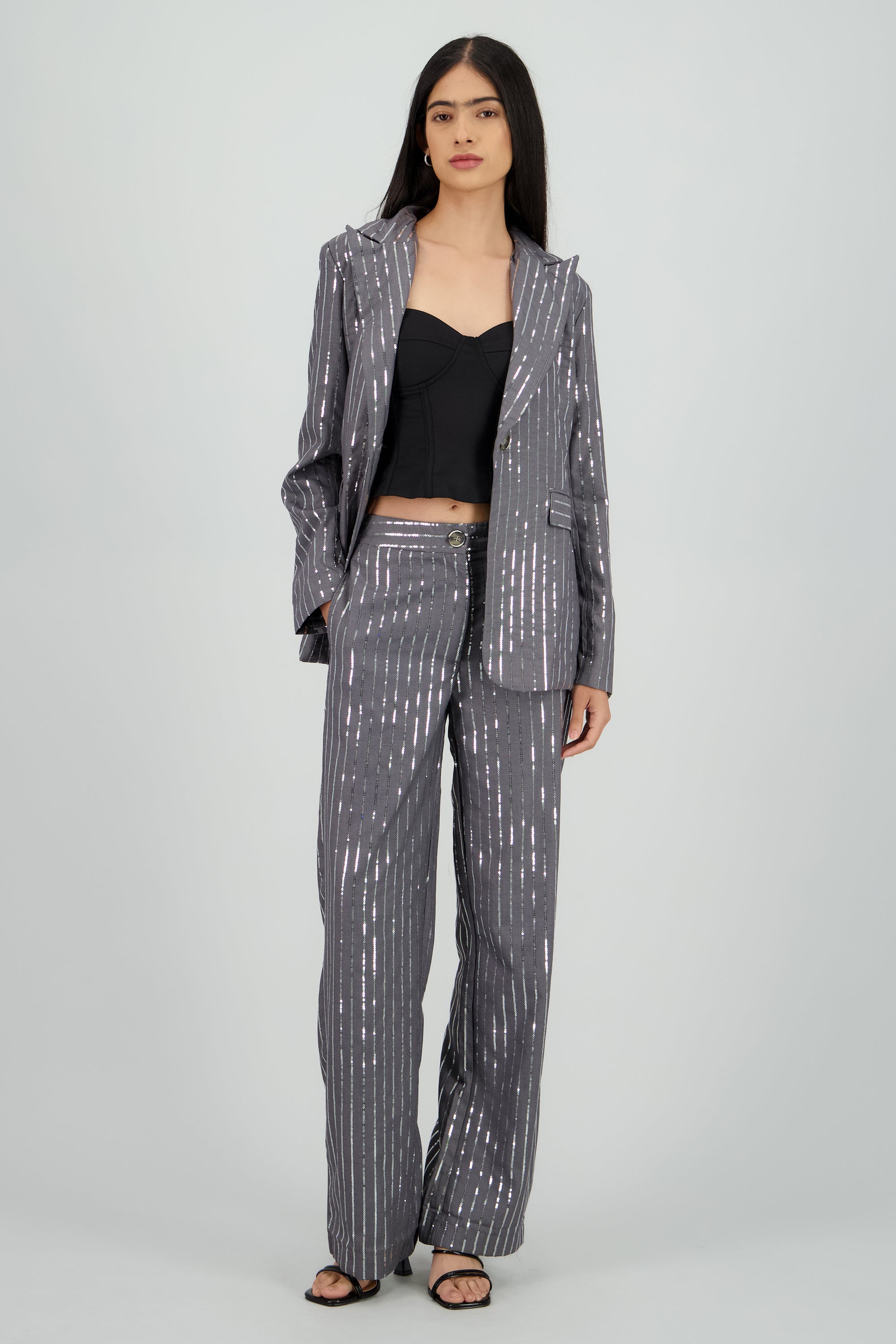 Pantalon recto de rayas con brillos GRIS