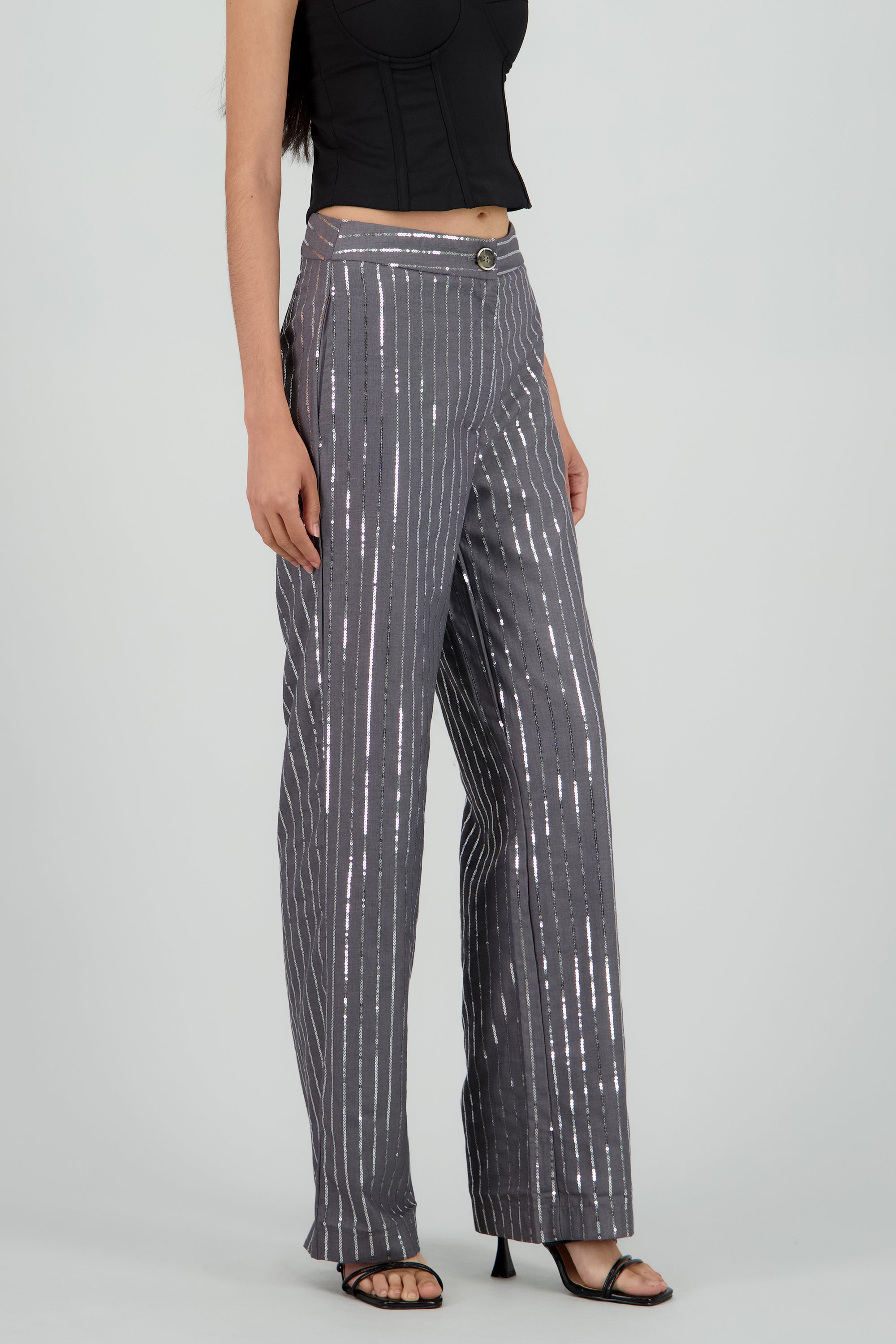 Pantalon recto de rayas con brillos GRIS
