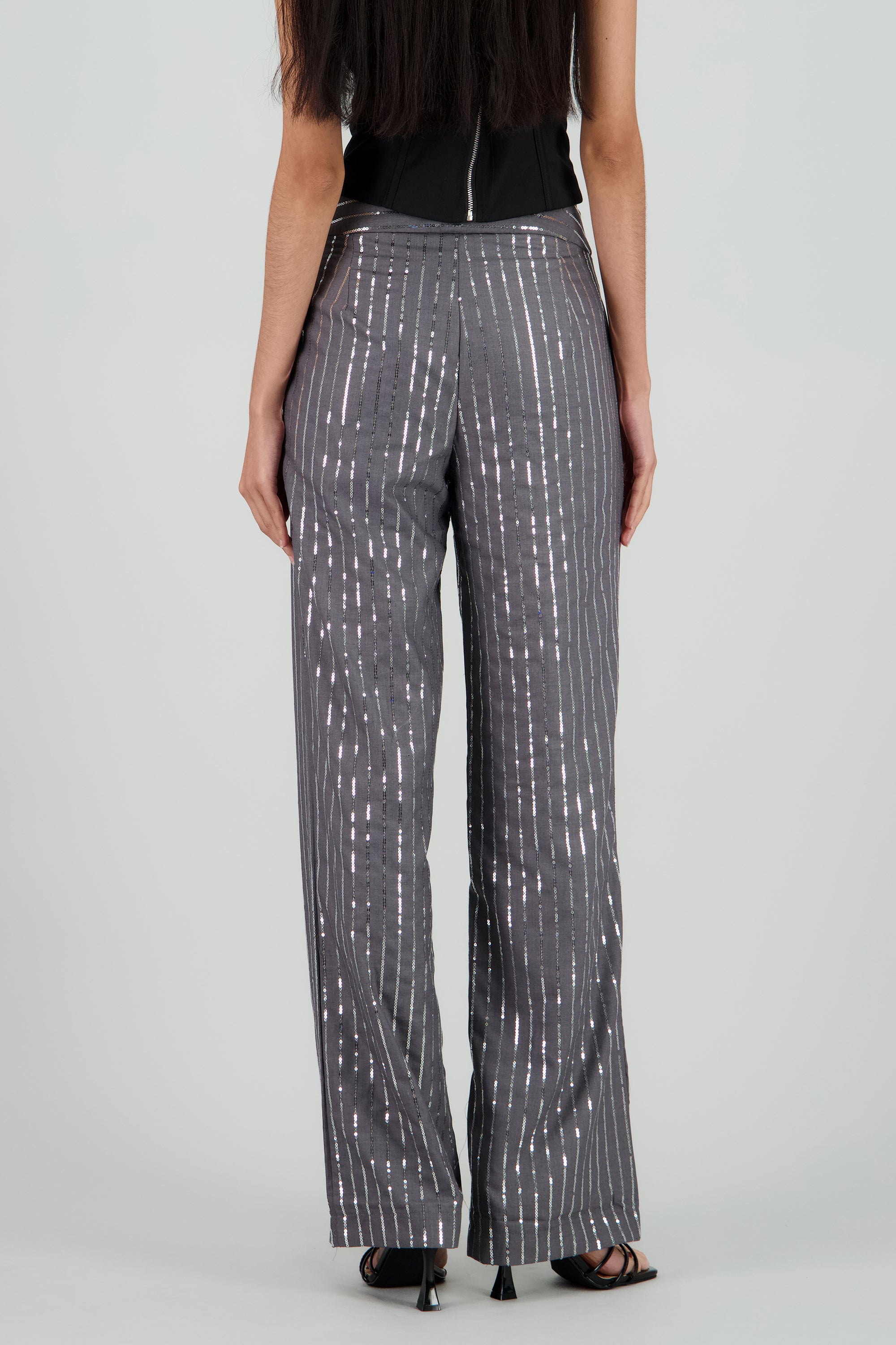 Pantalon recto de rayas con brillos GRIS