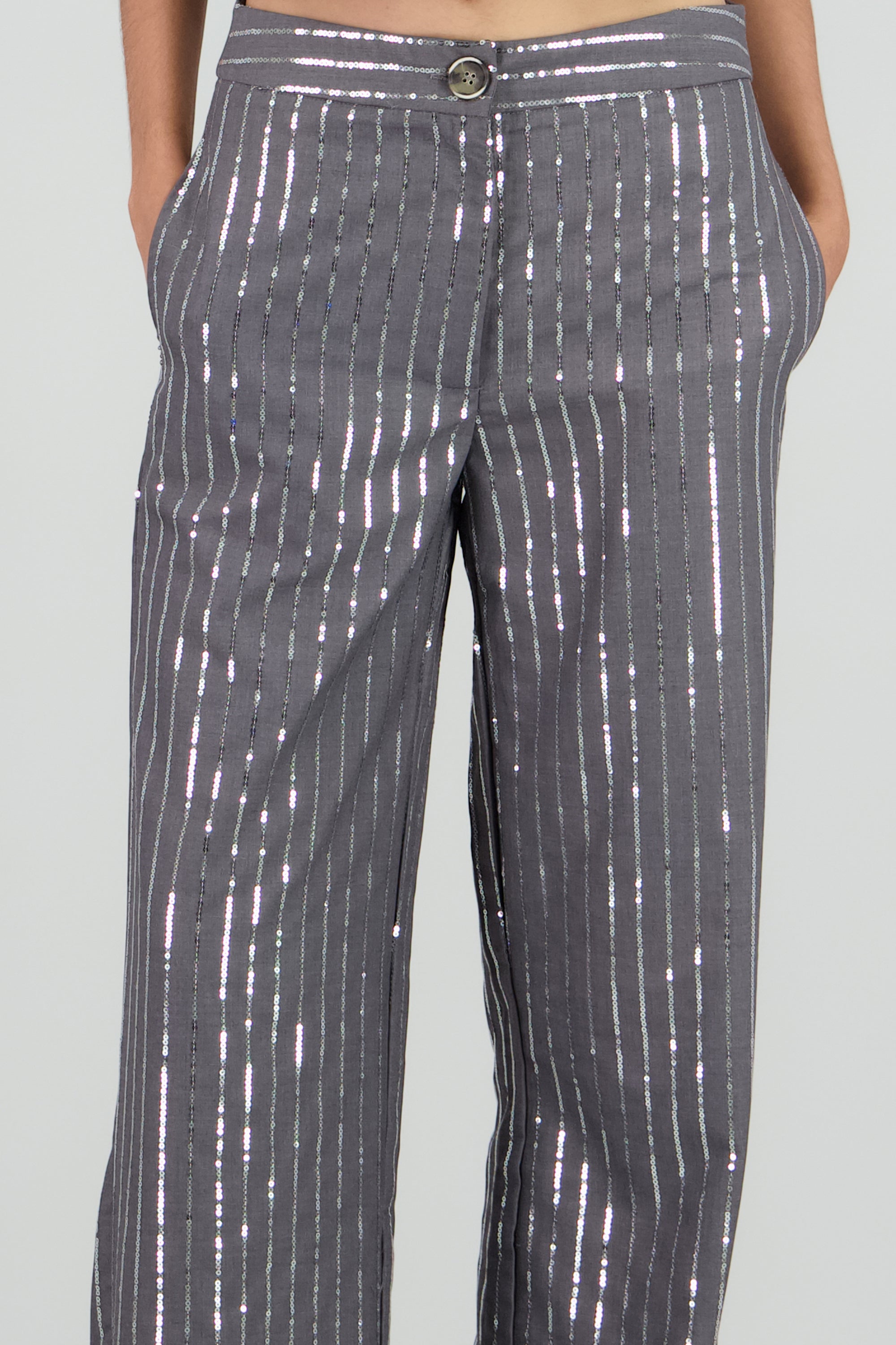 Pantalon recto de rayas con brillos GRIS