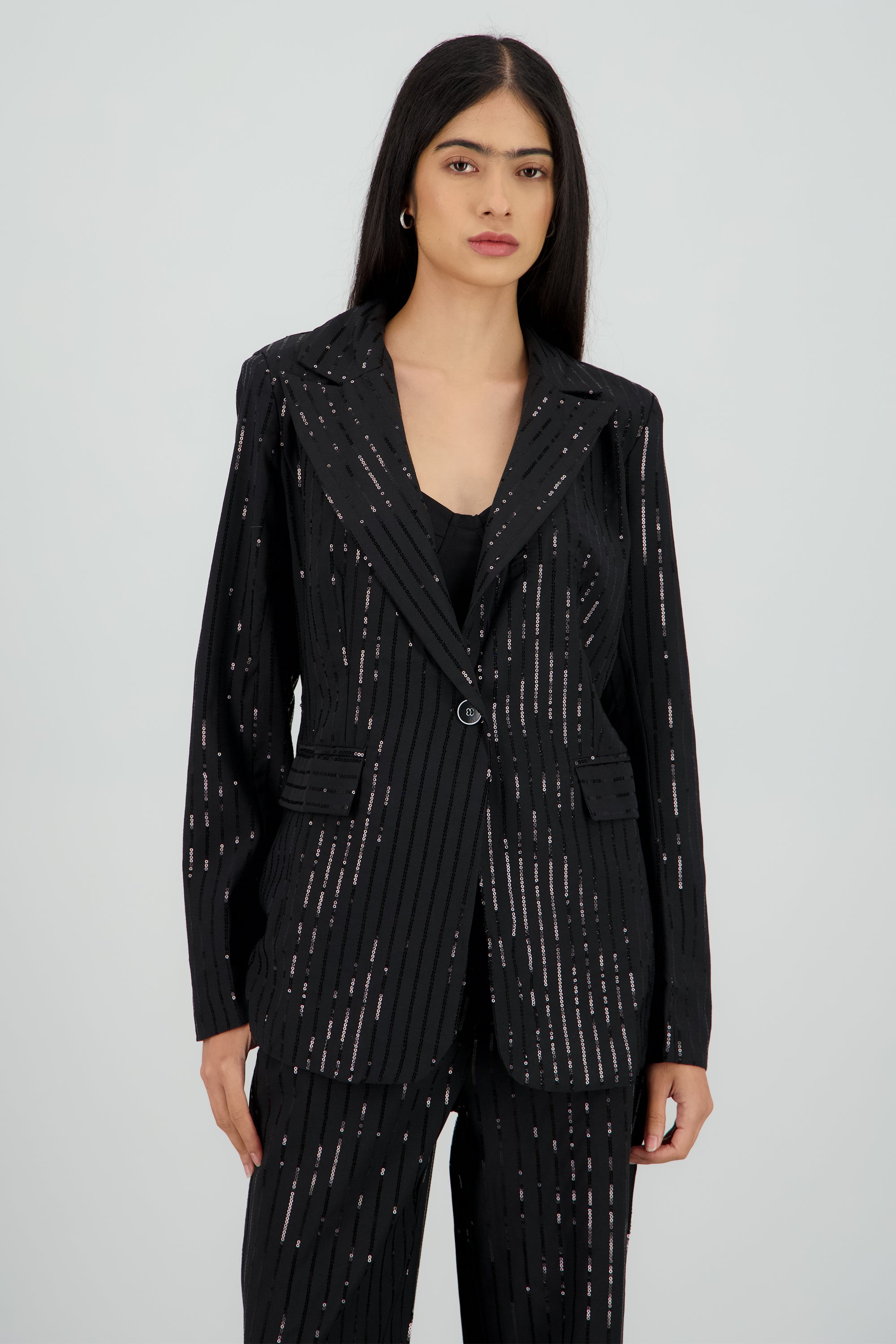 Saco ajustado con rayas de brillos NEGRO