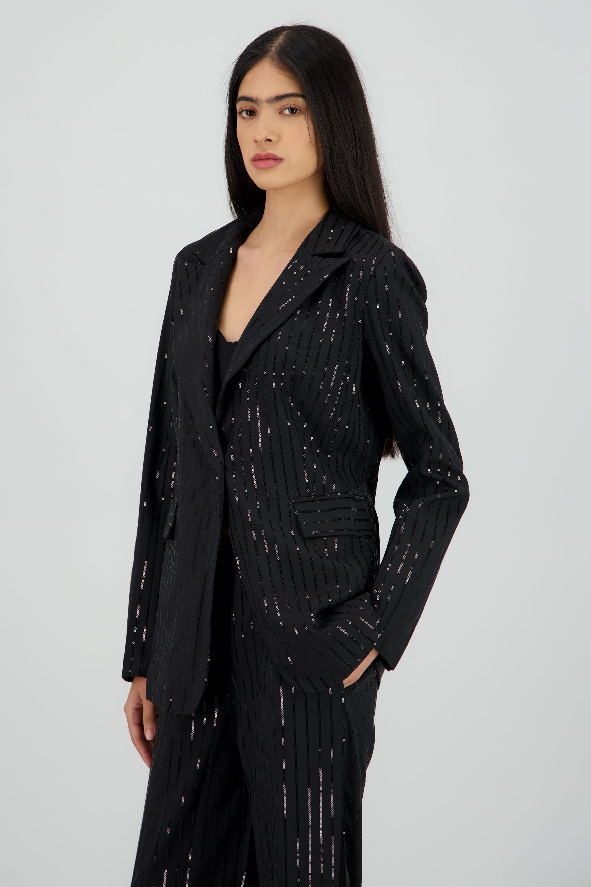 Saco ajustado con rayas de brillos NEGRO